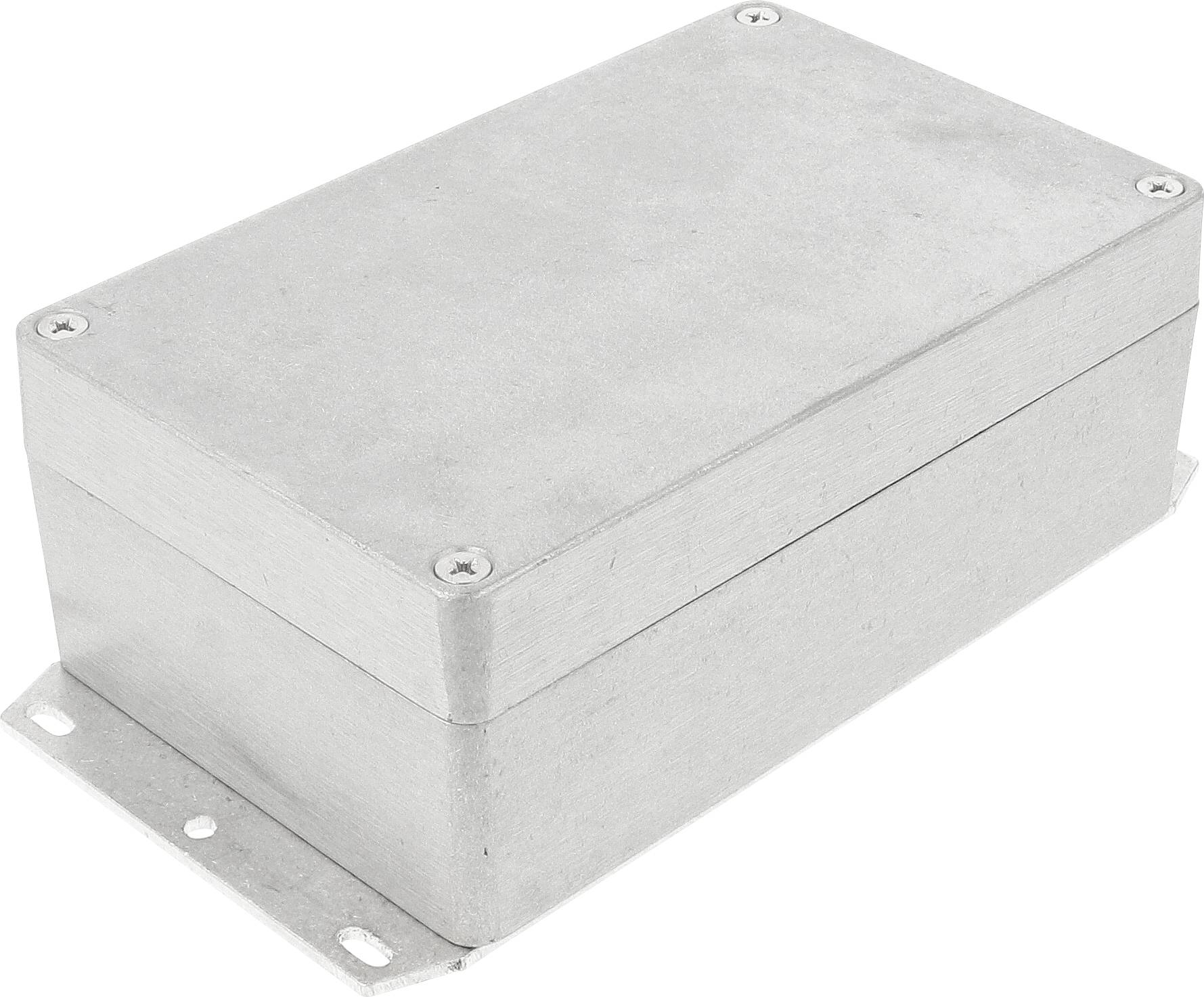Rectangular silver metal casing with screws at the corners.