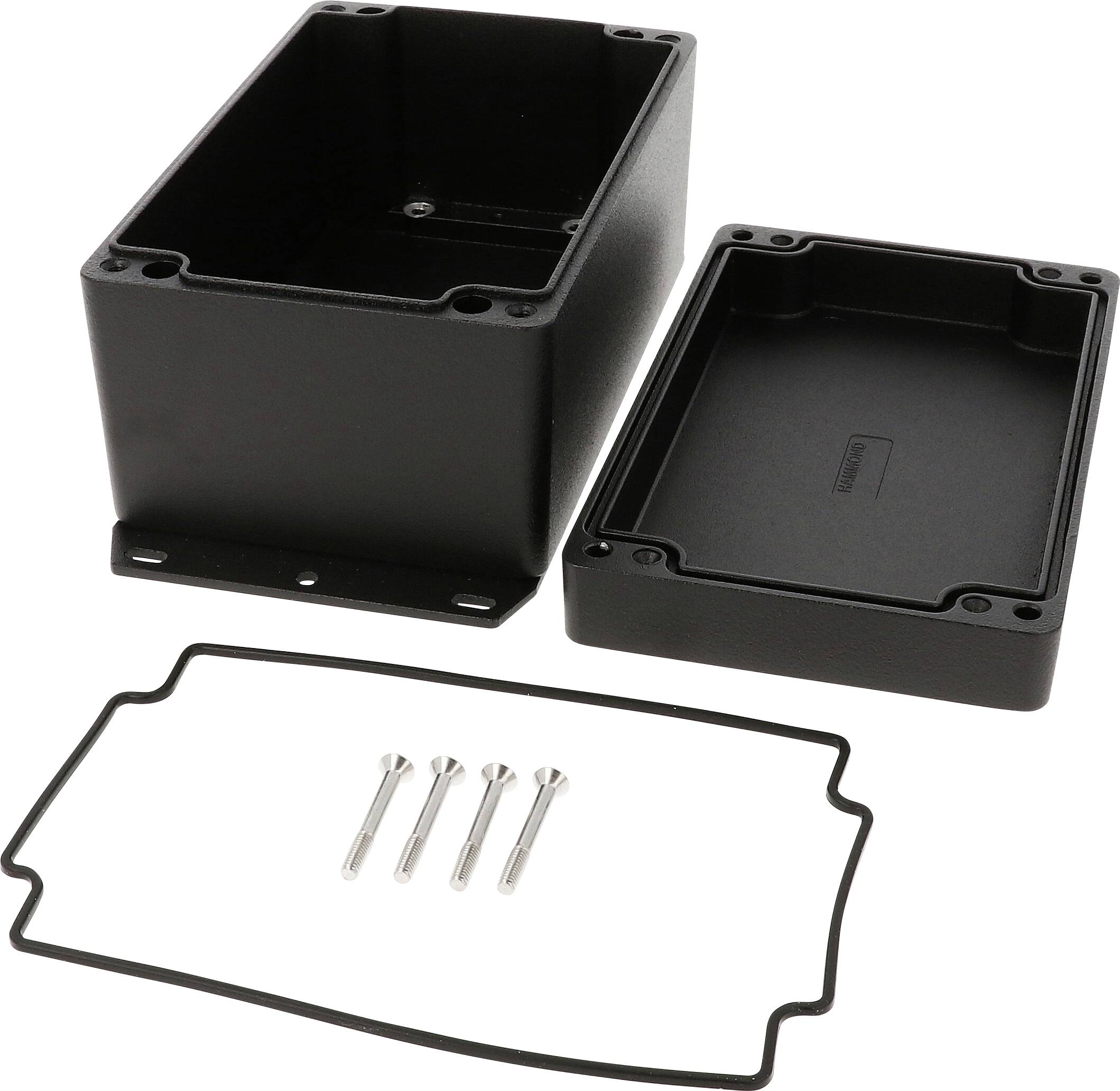 Black rectangular enclosure set with screws and seal, consisting of two parts: housing and removable cover.