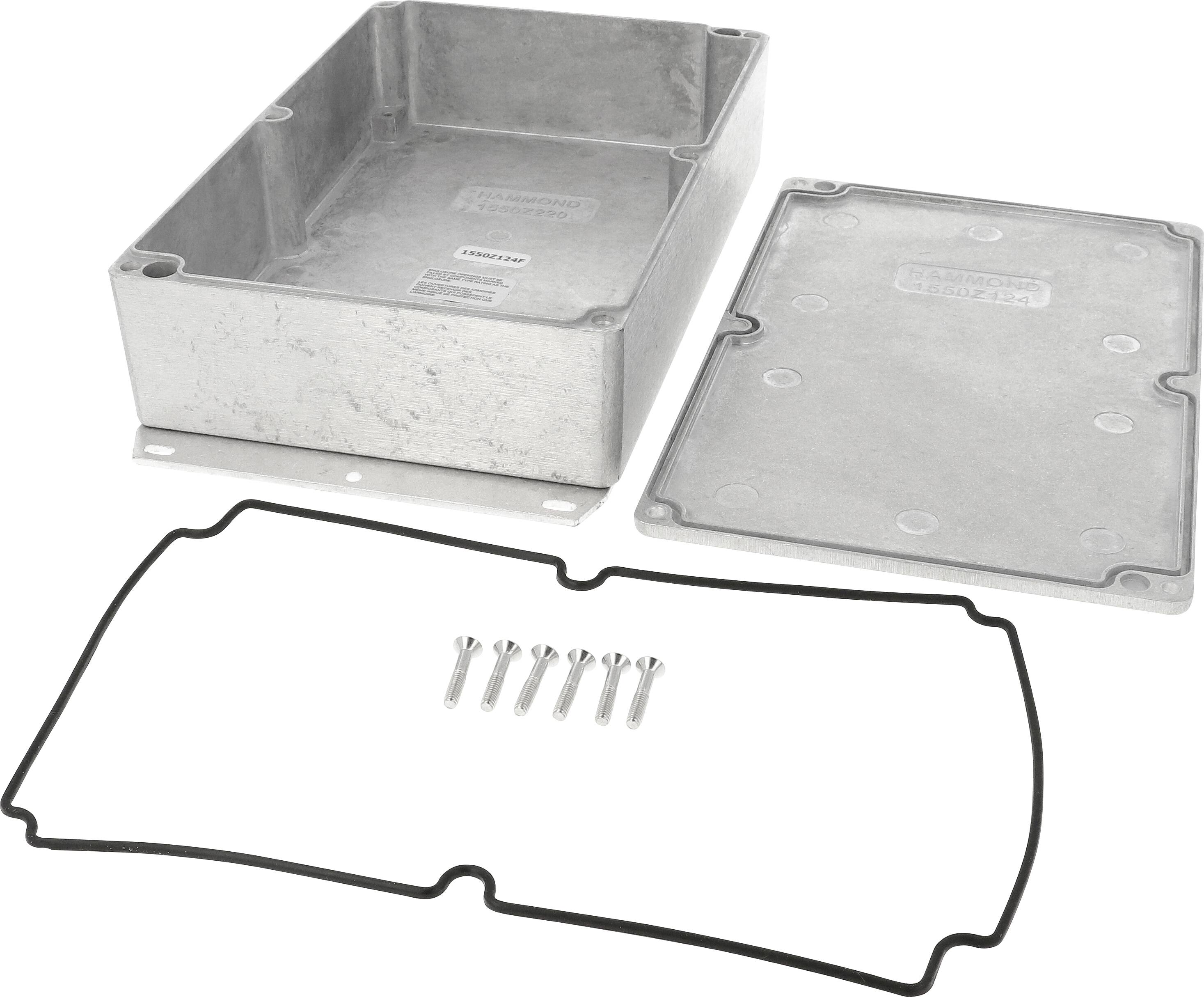 Metal enclosure with removable lid, screws and rubber seal visible. Suitable for electronic components or protective housing.