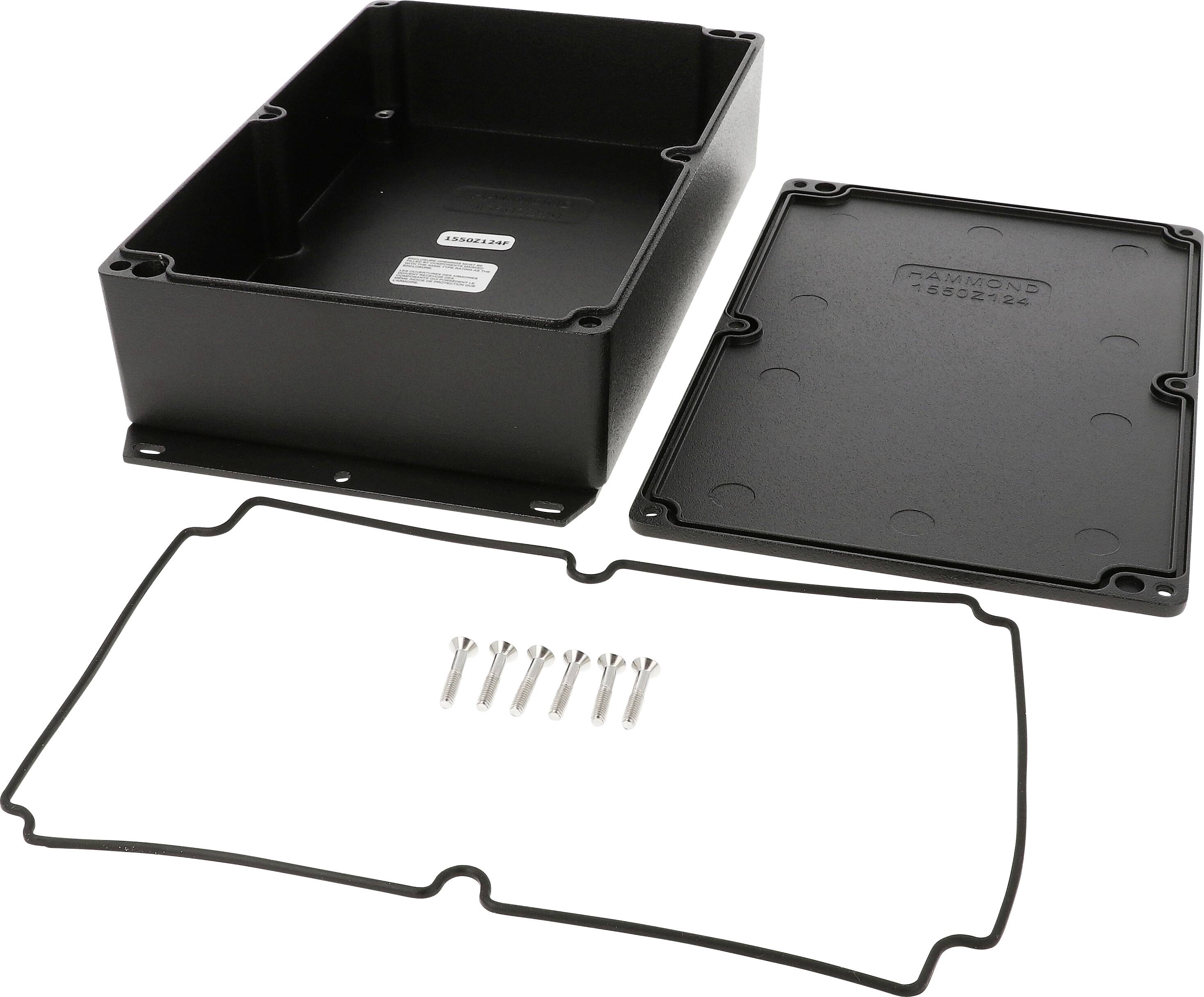 Electronics enclosure with an open lid, seal, and screws, suitable for electronic components.
