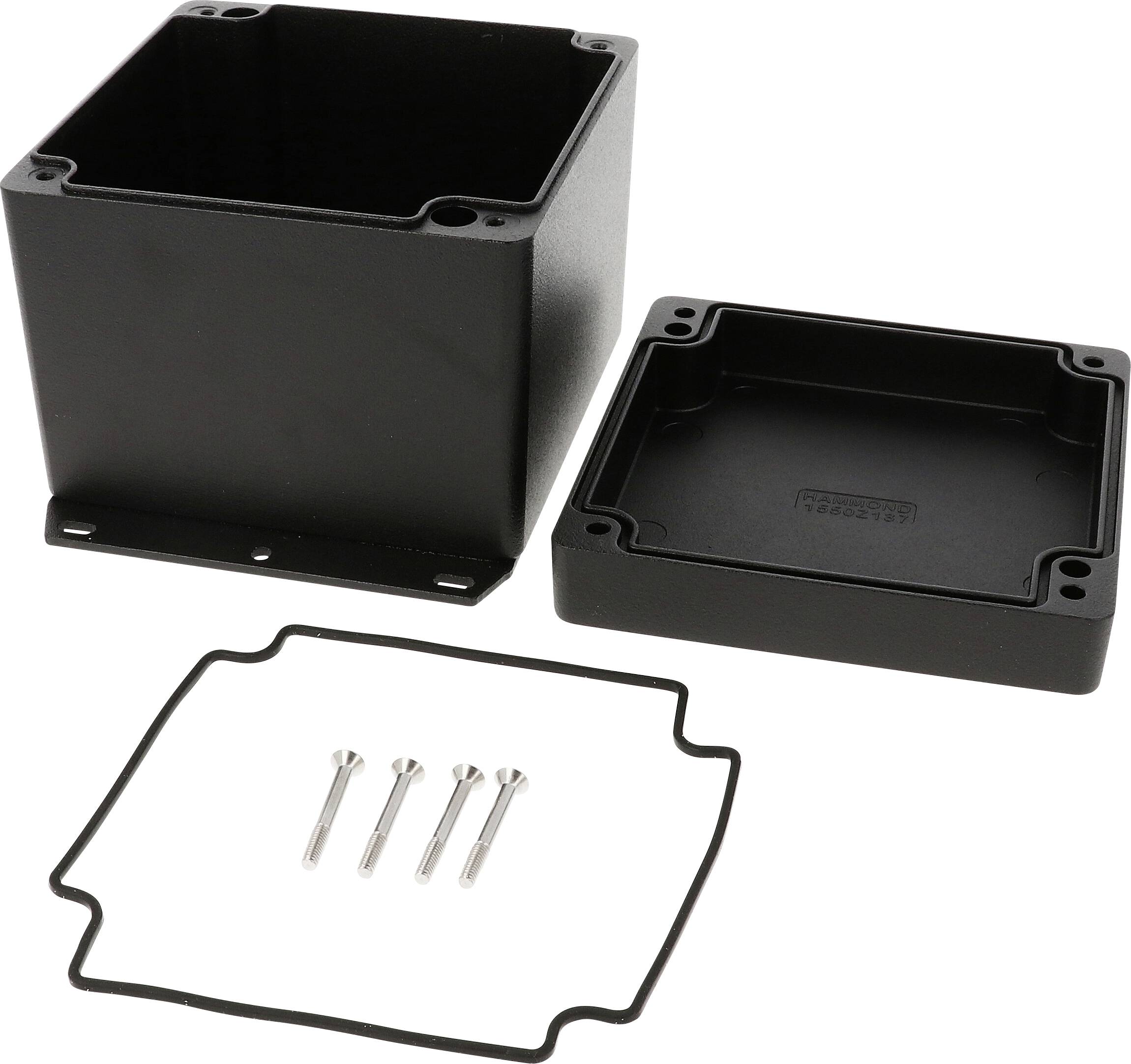 Black, square plastic enclosure with a removable lid, four screws and a sealing strip.