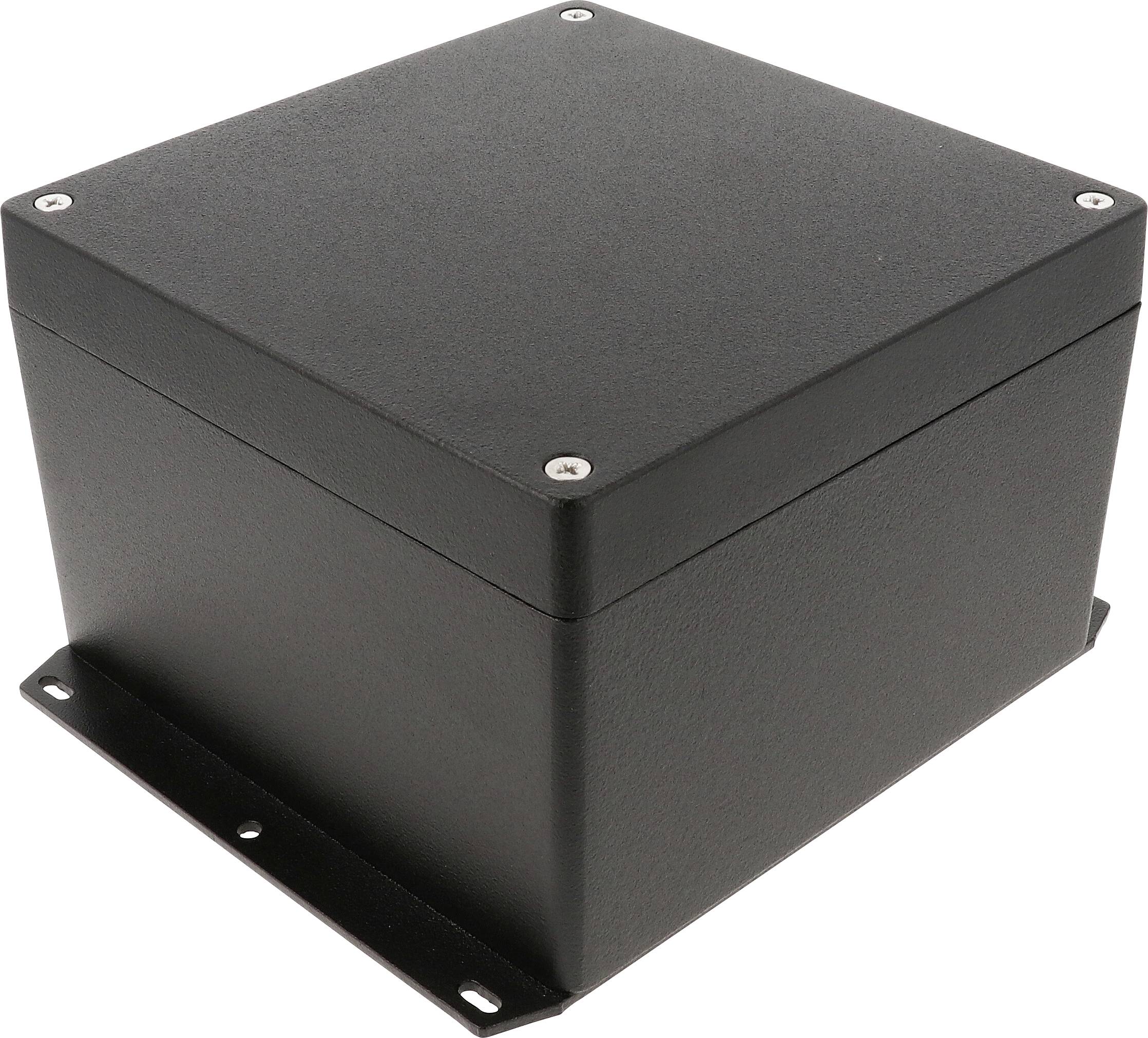 A black, rectangular metal enclosure with six visible screws on top and a mounting plate underneath.