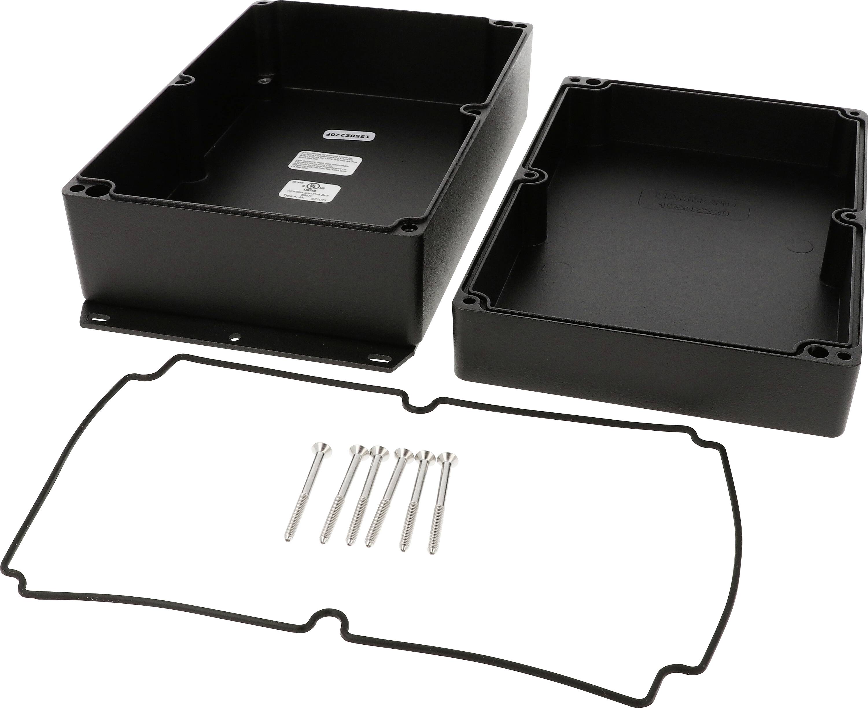 Black, rectangular plastic enclosure in two parts, with rubber seal and metal screws. Ideal for electronic components.