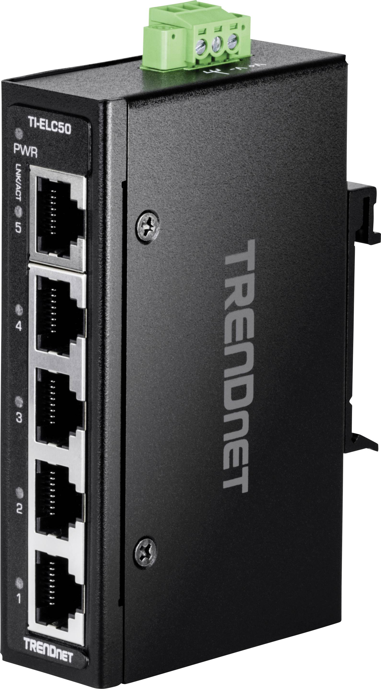 A black network switch from TRENDnet with five Ethernet ports and a green connection block on top.
