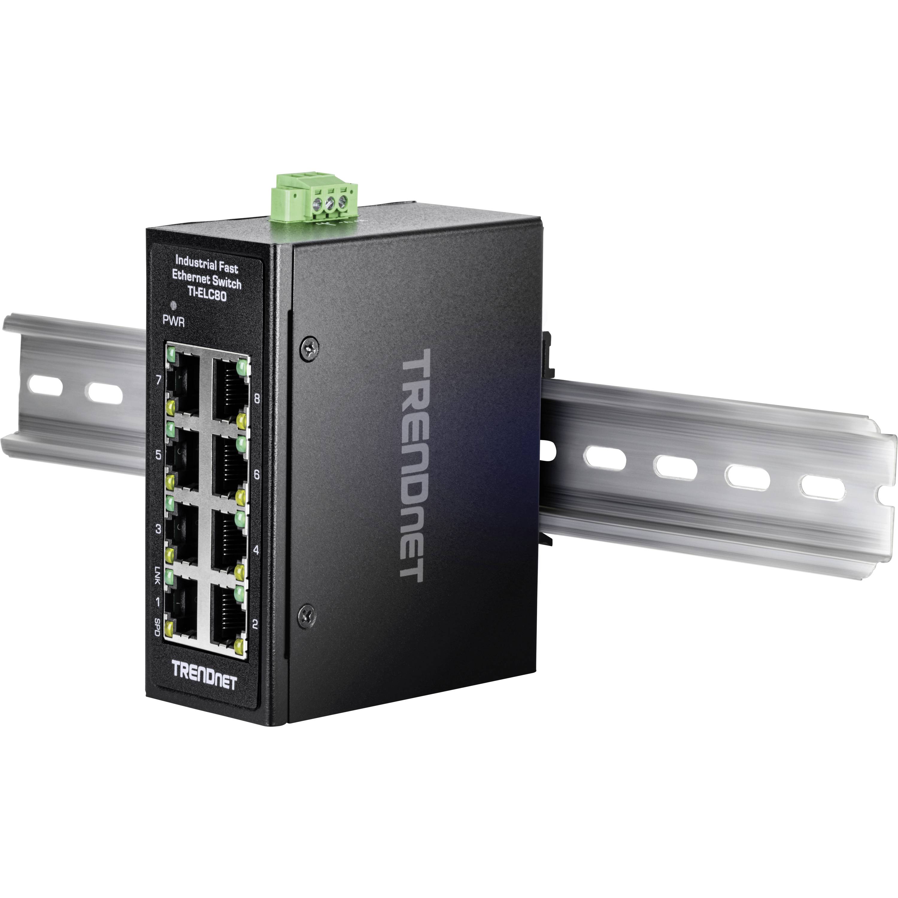 Industrial Ethernet switch with eight ports, DIN rail mounted, black enclosure with green power connection terminal at the top.