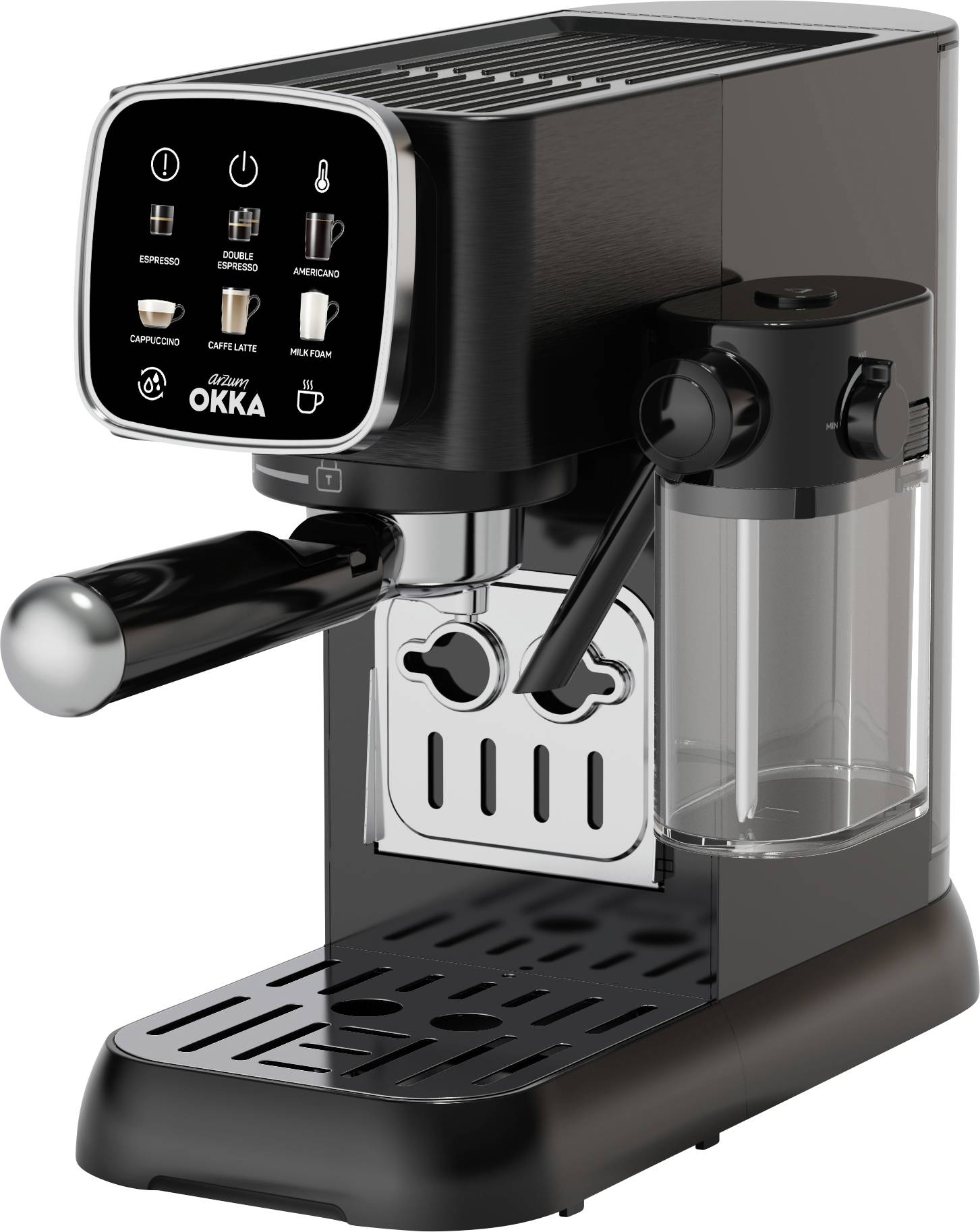 Coffee machine with water dispenser and steam wand; control buttons for espresso, cappuccino and latte macchiato on the front.