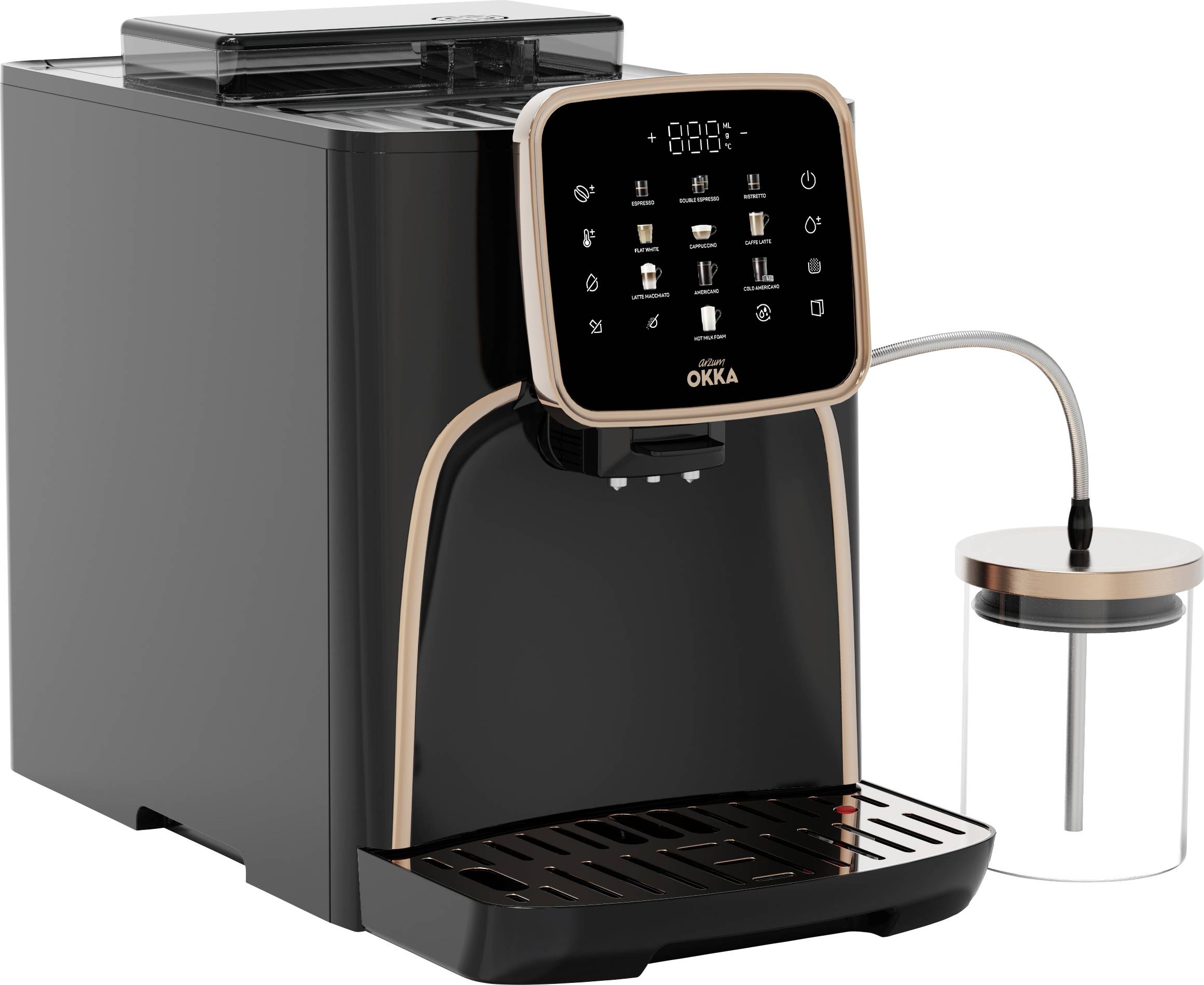 Coffee machine with digital display, multiple control buttons and external milk container. Modern design in black with gold accents.