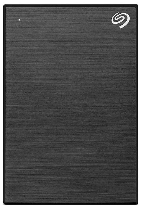 External hard drive with a matte black surface and a small Seagate logo in the top right corner.