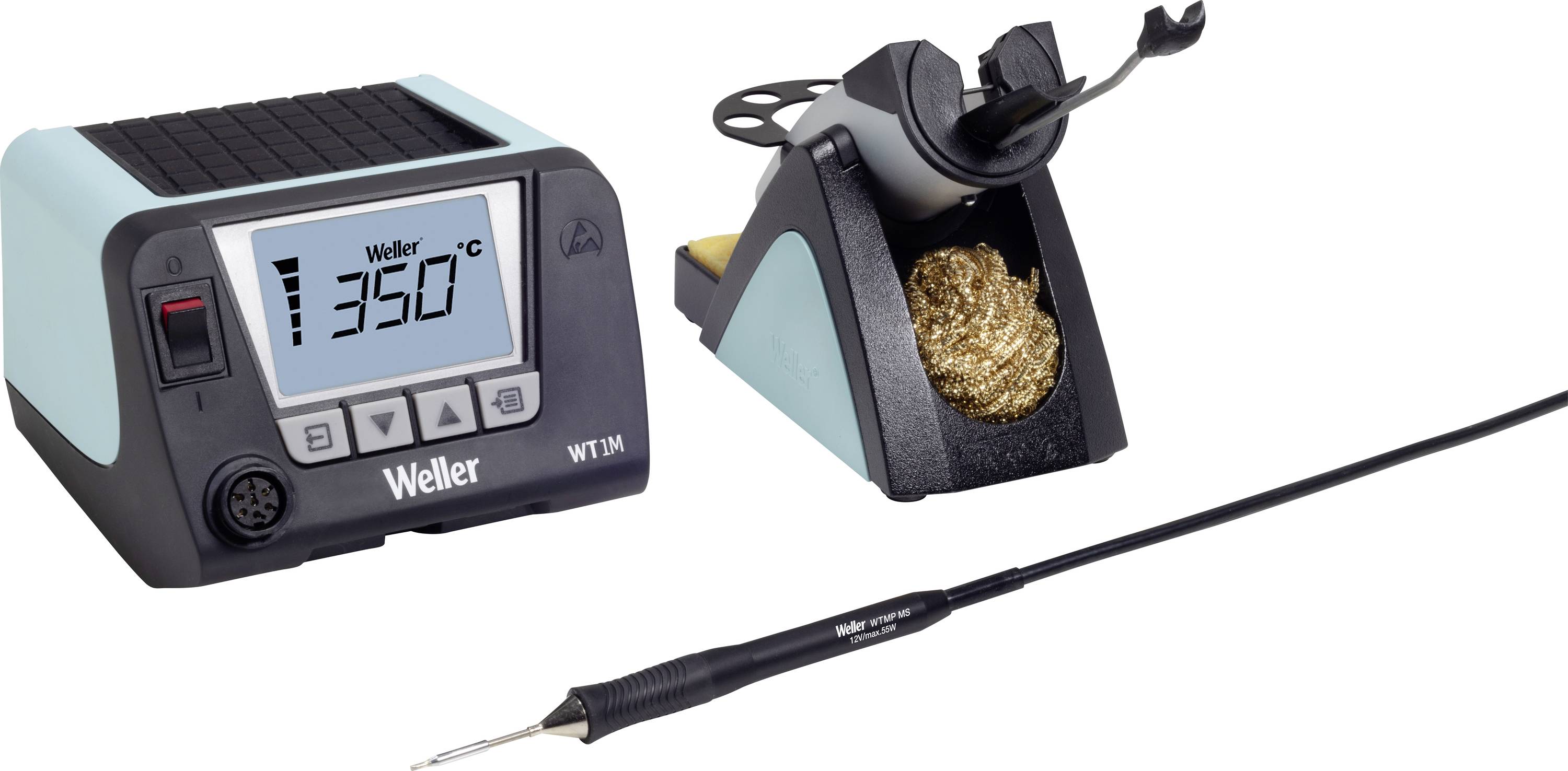 A digital soldering station set with display, set to 350°C, and soldering tools with stand and cleaning sponge.