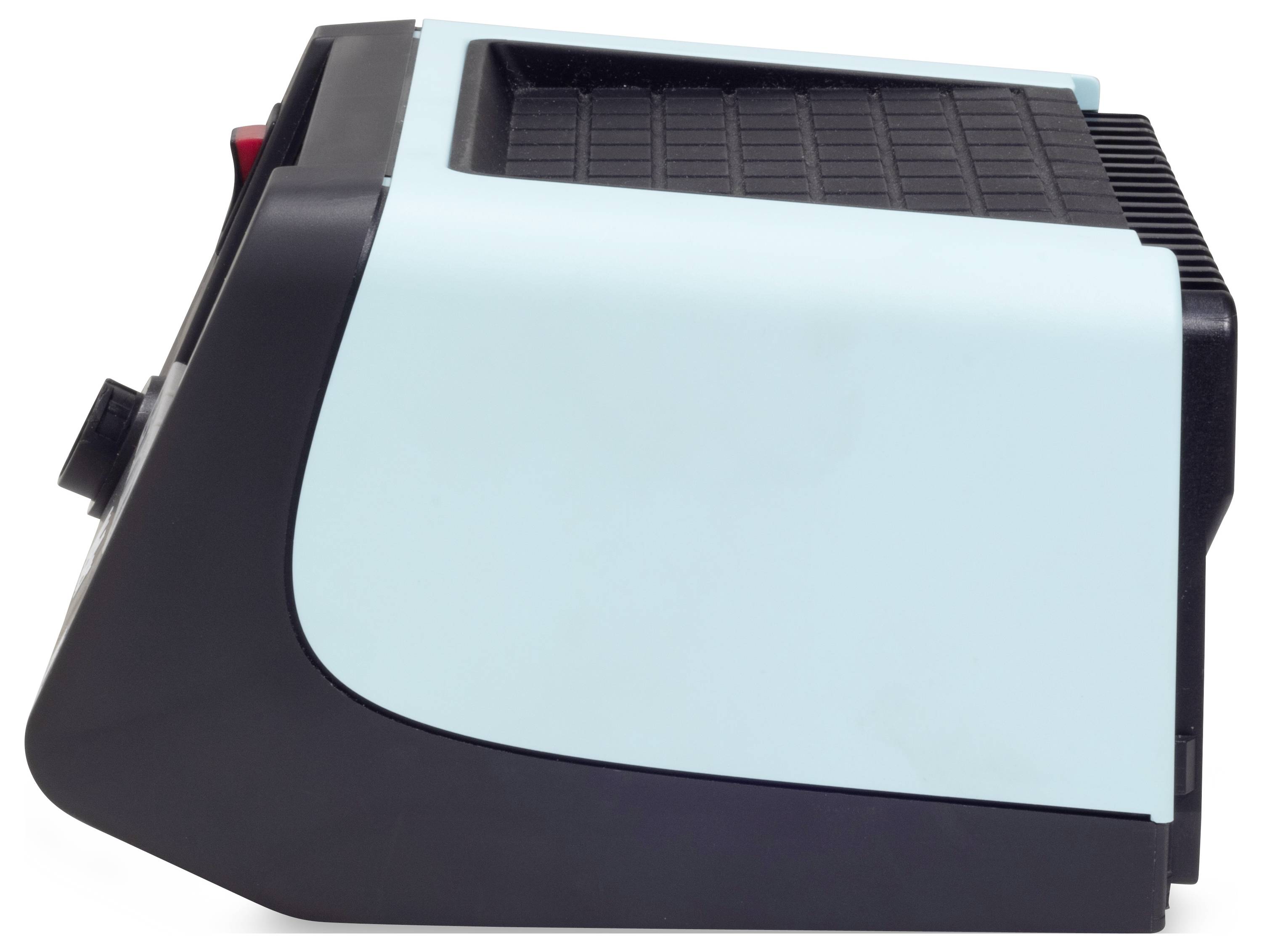 A blue toaster viewed from the side, with a black grill and a red lever on top, sitting on a white surface.