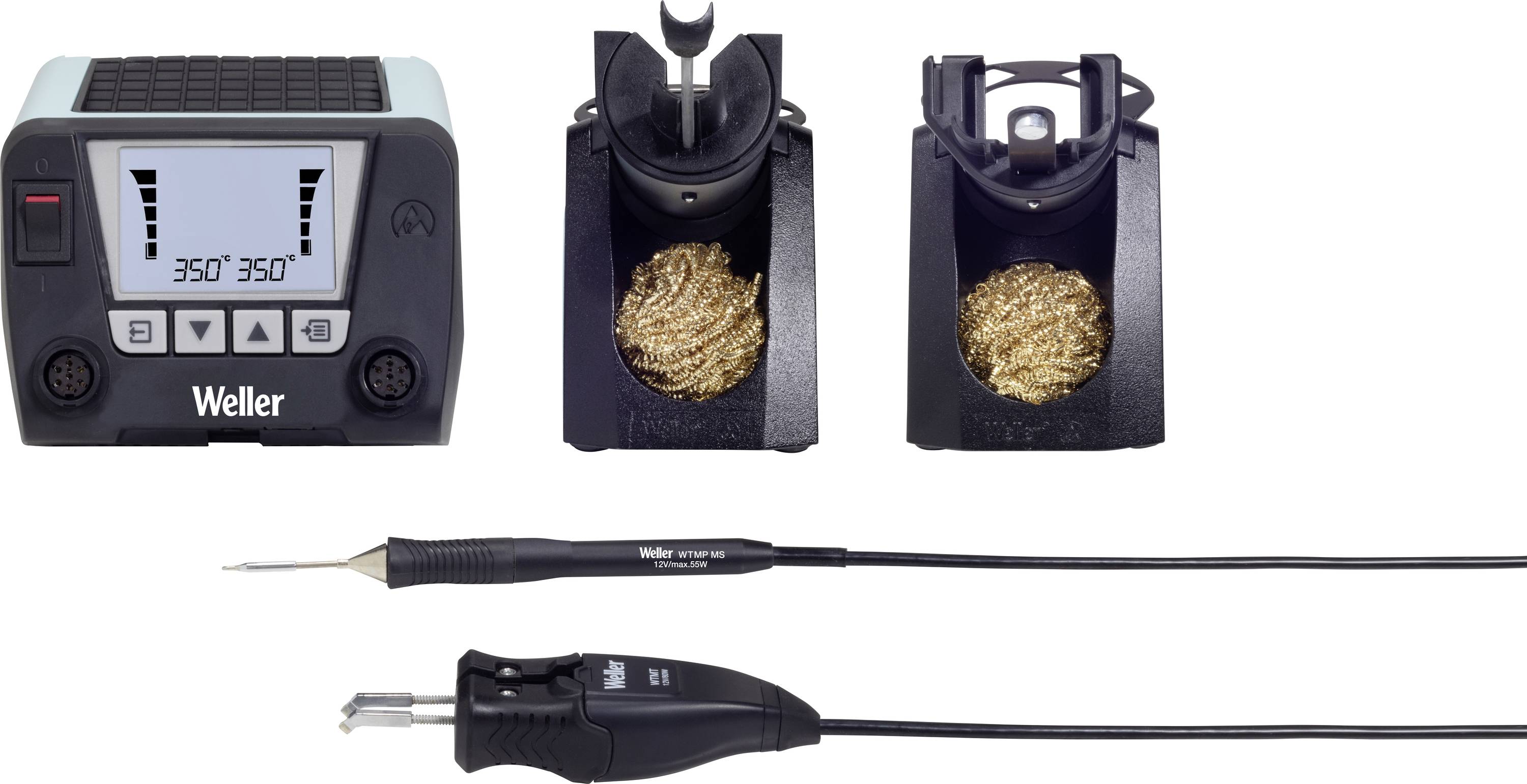 Soldering station with digital display, two holders with cleaning brushes for soldering tips, soldering and desoldering tool with cable.