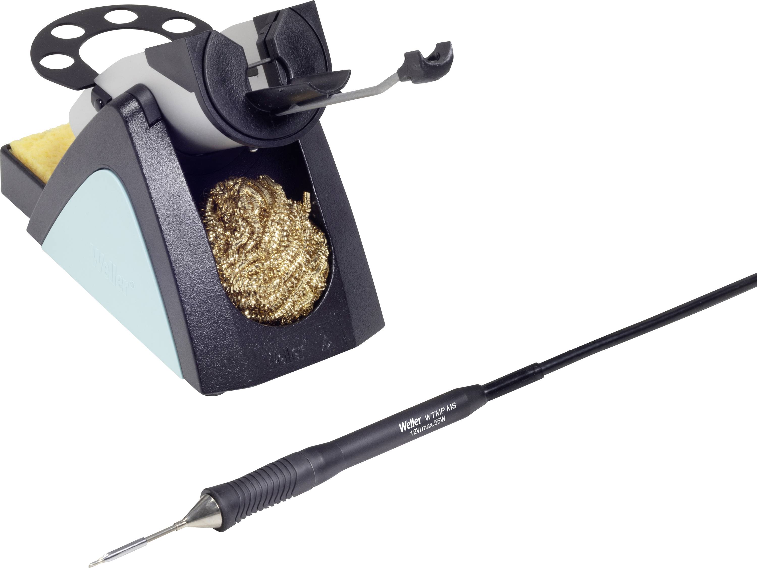 Soldering station and soldering iron with stand and cleaning wool, suitable for fine soldering work.