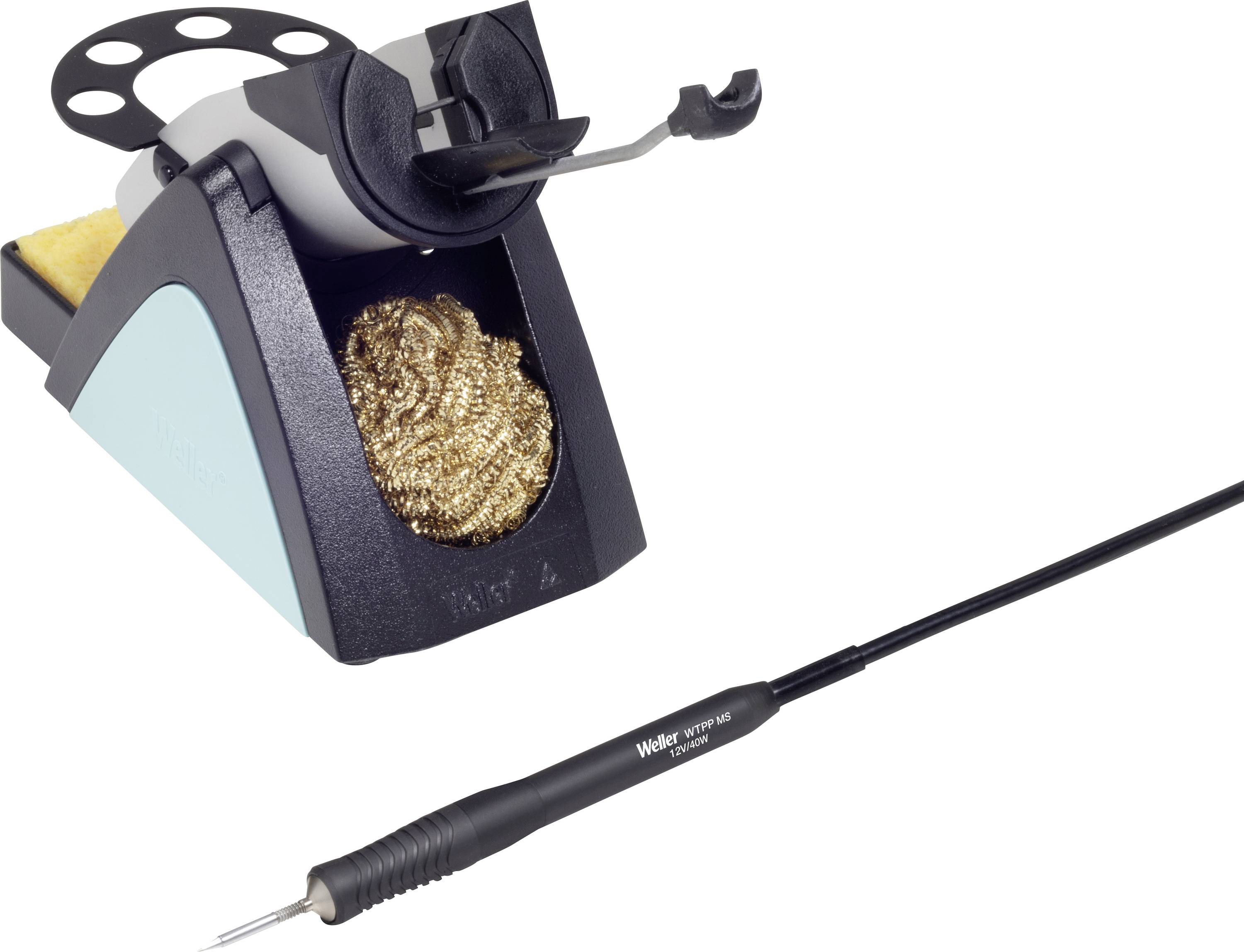 Soldering iron with stand and cleaning sponge. Ideal for precise soldering work in electronics and technology.