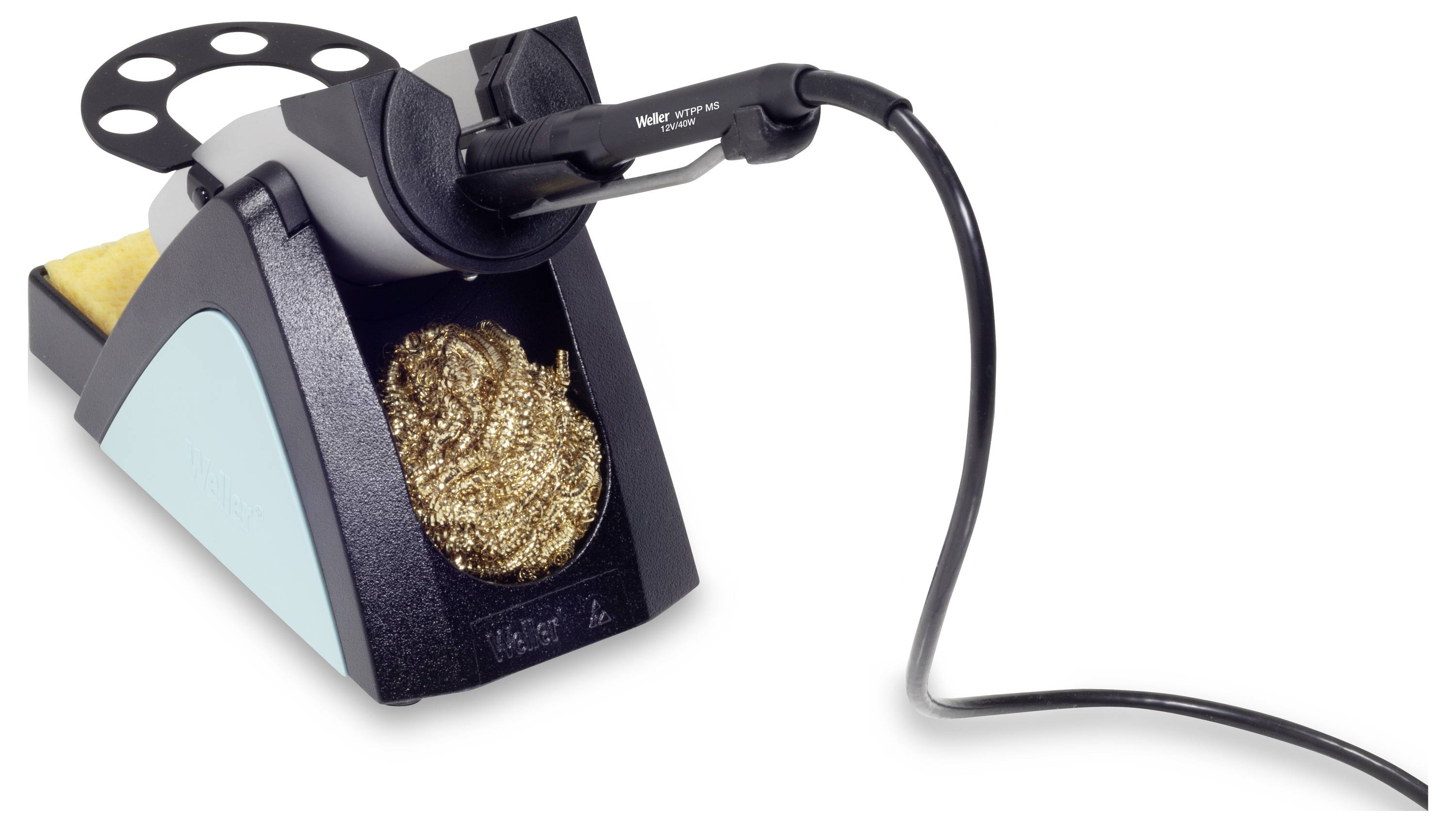 Soldering iron stand with cleaning sponge and cable, ready for use.