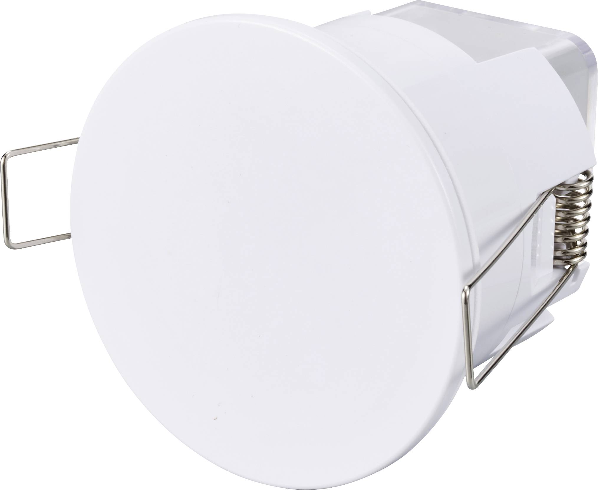 Round white LED recessed light with spring clips on the sides, suitable for ceiling mounting.