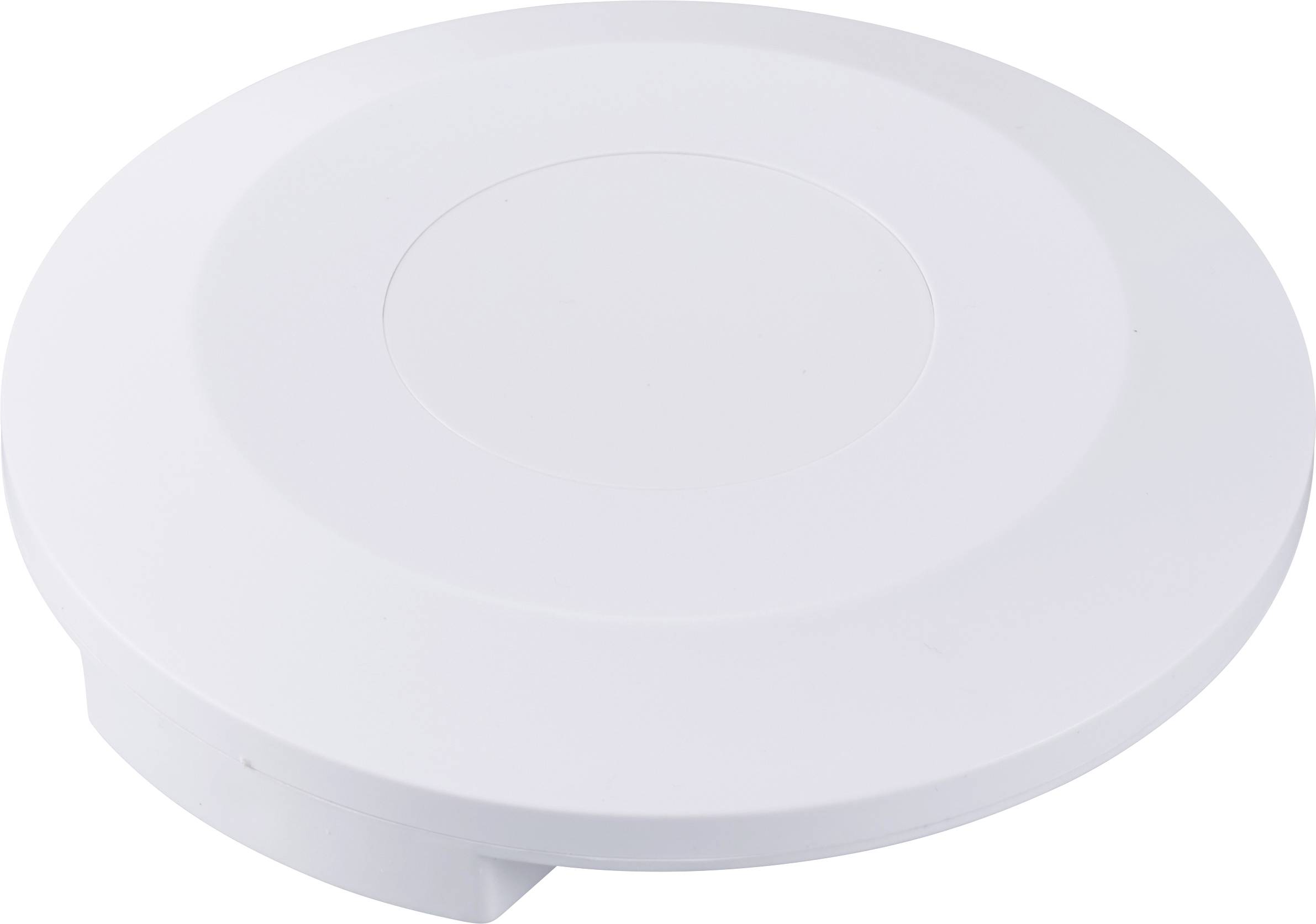 A round, white lid with a smooth surface, possibly for a container or tin.