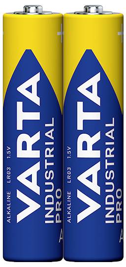Two yellow-blue VARTA AA batteries with the inscription 'INDUSTRIAL PRO', suitable for devices with high energy requirements.