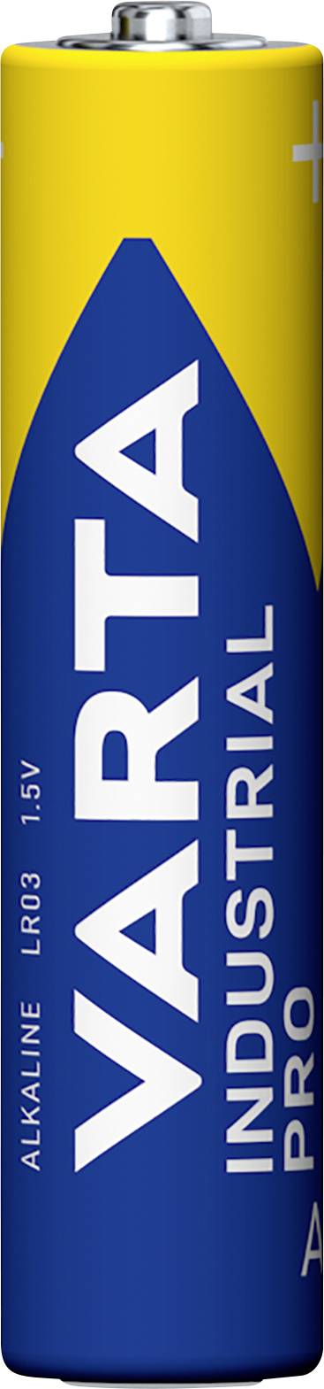 Battery with blue and yellow packaging, labelled 'VARTA INDUSTRIAL PRO ALKALINE LR03 1.5V'.