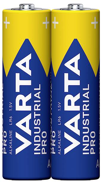 Two blue and yellow 'VARTA Industrial Pro' batteries, type LR6, Alkaline, 1.5V, standing upright side by side.