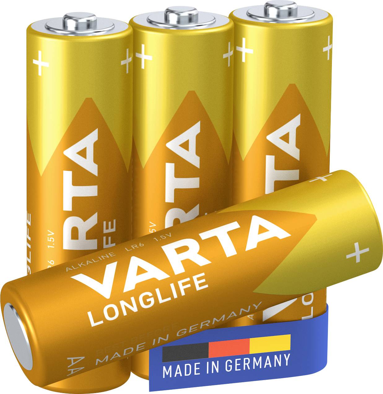 Four yellow 'Varta Longlife' batteries placed side by side, with one in the foreground showing its label. Inscription reads 'Made in Germany'.
