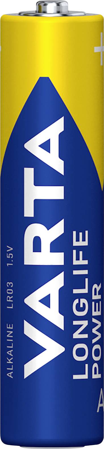 Blue and yellow AA battery with the inscription 'VARTA LONGLIFE POWER', type LR03, 1.5V alkaline.
