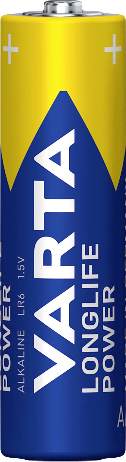 A VARTA Alkaline AA battery with the inscription 'LONG LIFE POWER', coloured in blue and yellow. Suitable for everyday devices.