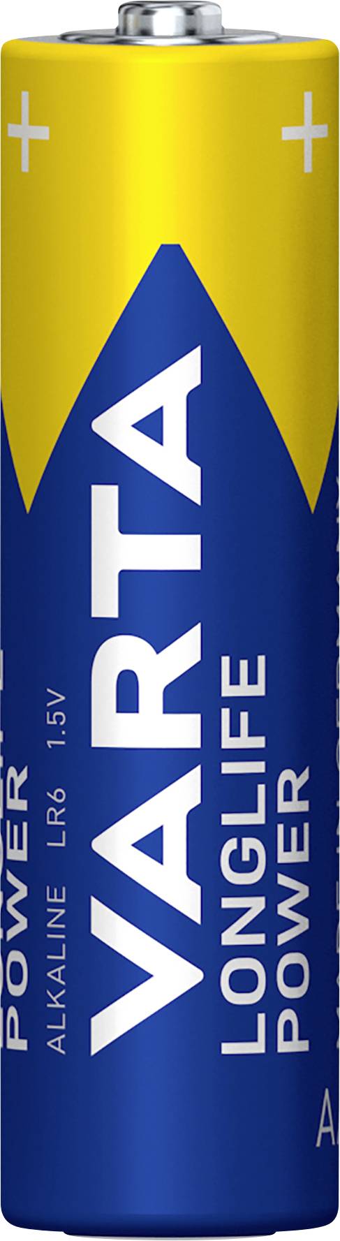 Battery with the inscription 'VARTA Longlife Power', blue and yellow casing, Type LR6, 1.5V Alkaline.