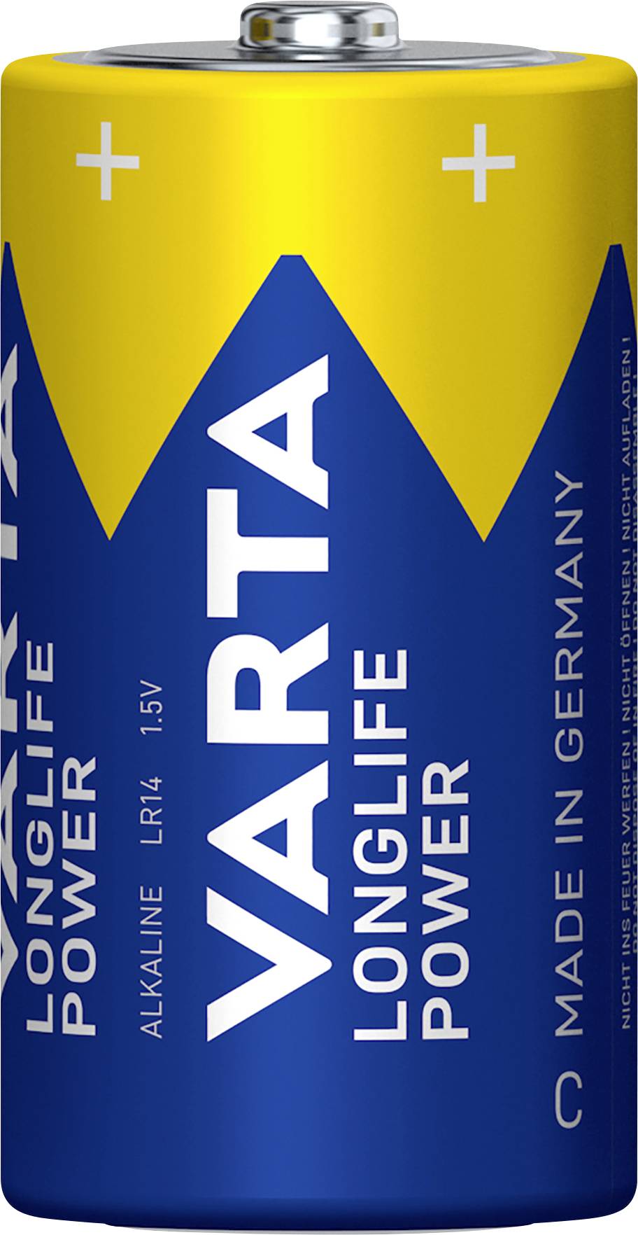 Alkaline battery with yellow and blue design; brand name 'Varta', model 'Longlife Power', manufactured in Germany.