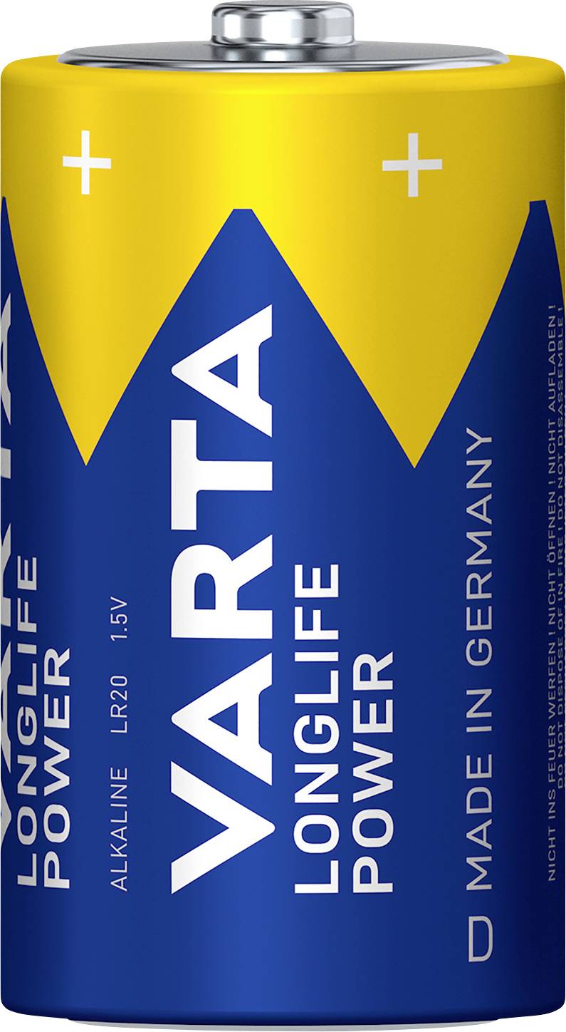 Blue and yellow battery with 'VARTA Longlife Power' inscription. Type LR20, 1.5V. Manufacturer's note: 'Made in Germany'.