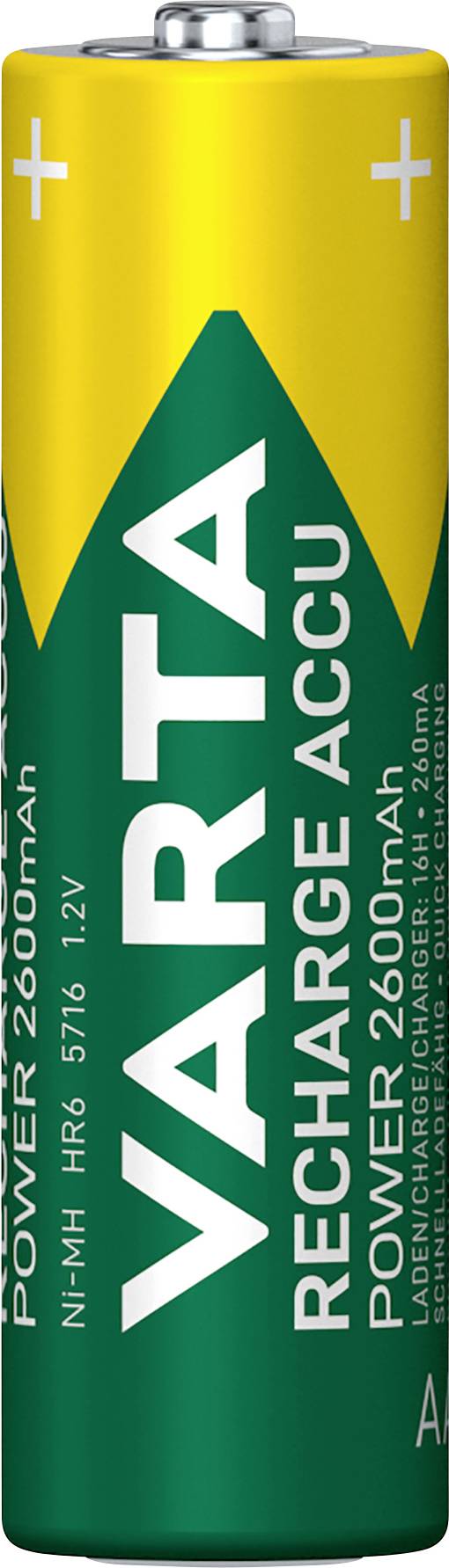 Varta rechargeable battery with 2600mAh capacity, Ni-MH HR6, 1.2V. Yellow-green design with brand name and technical details printed.