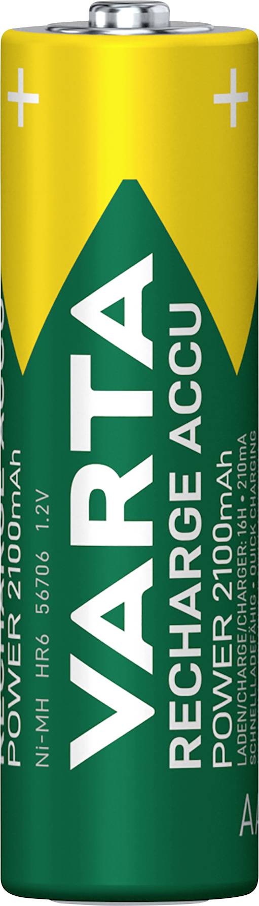Battery with the inscription 'Varta Recharge Accu', 2100mAh, 1.2V, yellow-green design, suitable for rechargeable applications.