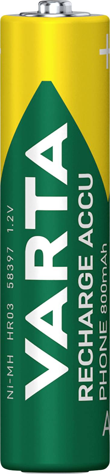 Battery with 'VARTA RECHARGE ACCU' label and a capacity of 800mAh, suitable for telephones.
