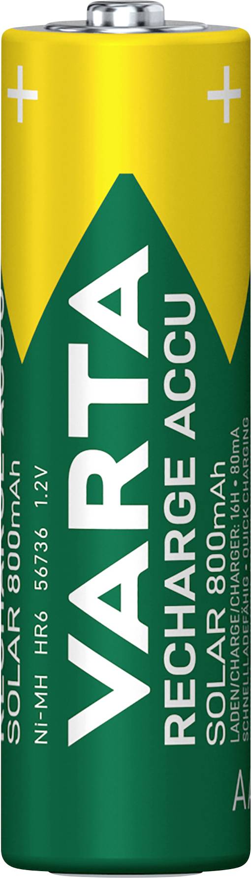 Battery with yellow-green design, brand 'VARTA', type 'RECHARGE ACCU', NiMH, 800mAh, 1.2V. Positive and negative symbols are located at the top.