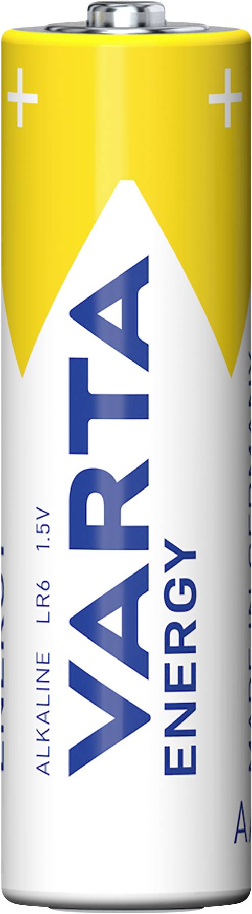 A battery with the label 'VARTA Energy Alkaline LR6 1.5V', yellow and white design, positive terminal at the top.