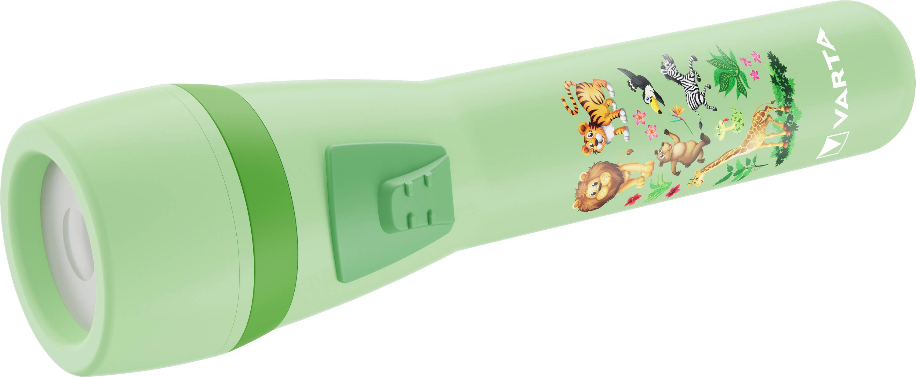 Green torch with jungle-themed designs featuring lions, tigers, and giraffes, by Varta. Suitable design for children.