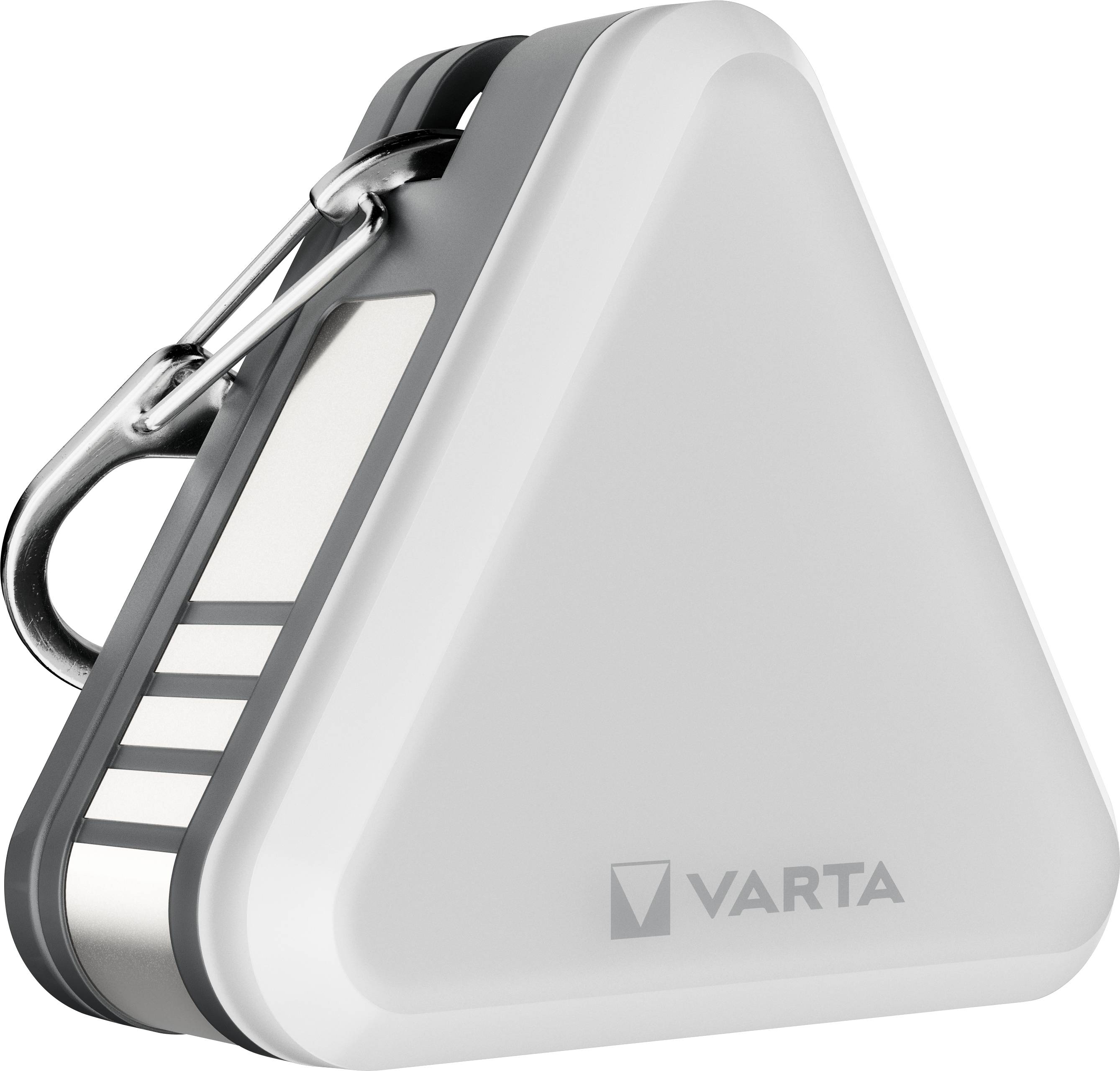 Triangular, white light with a grey border and carabiner, bearing the Varta logo. Looks portable.Translation in British English:Triangular, white torch with a grey border and carabiner, displaying the Varta logo. Appears easy to carry.