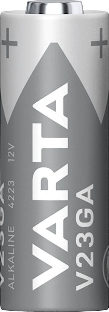 Silver battery with the inscription 'VARTA V23GA, Alkaline, 12V'. The top and bottom have plus and minus symbols.