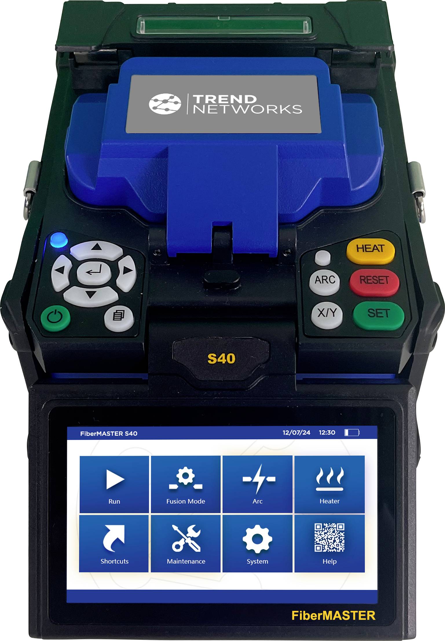 A splicing device for connecting optical fibre cables, with a screen displaying various options such as 'Run', 'Fusion Mode' and 'Arc'.