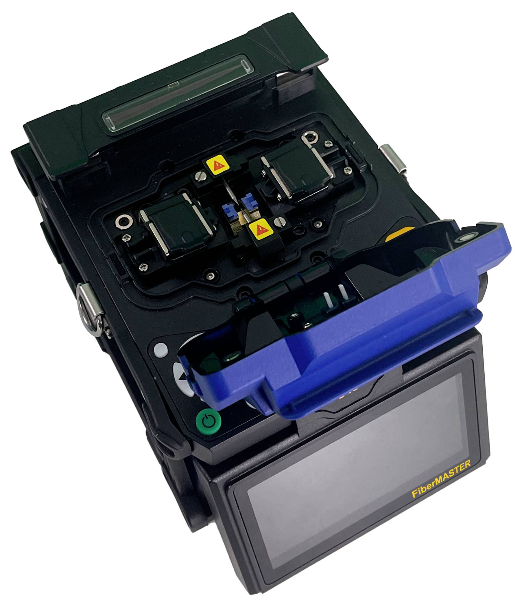 A fibre optic splice machine with an open housing shows an interior view and working area for precisely connecting fibre optic cables.