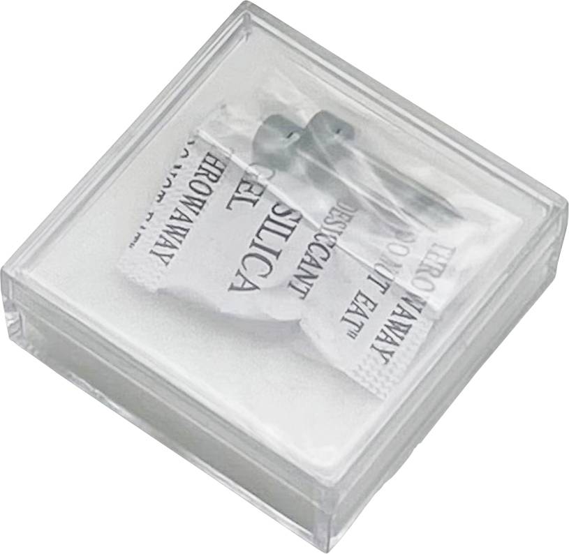 Transparent plastic box with silica gel packet, which absorbs moisture. Label reads 'Silica Gel, Do Not Eat'.