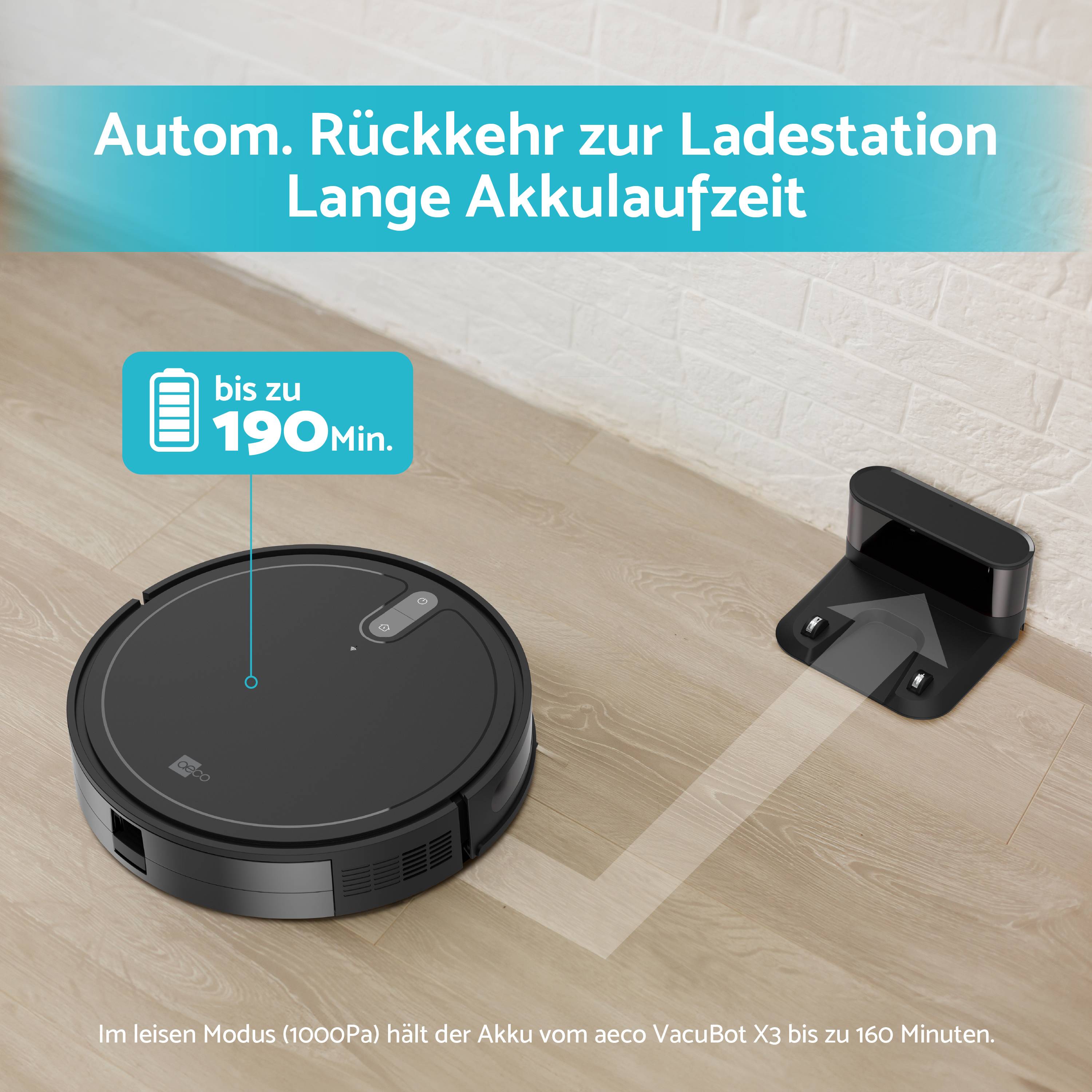 A black robot vacuum cleaner on a wooden floor automatically returns to its charging station. Text: 'Auto return to charging station, Long battery life, up to 190 mins.'