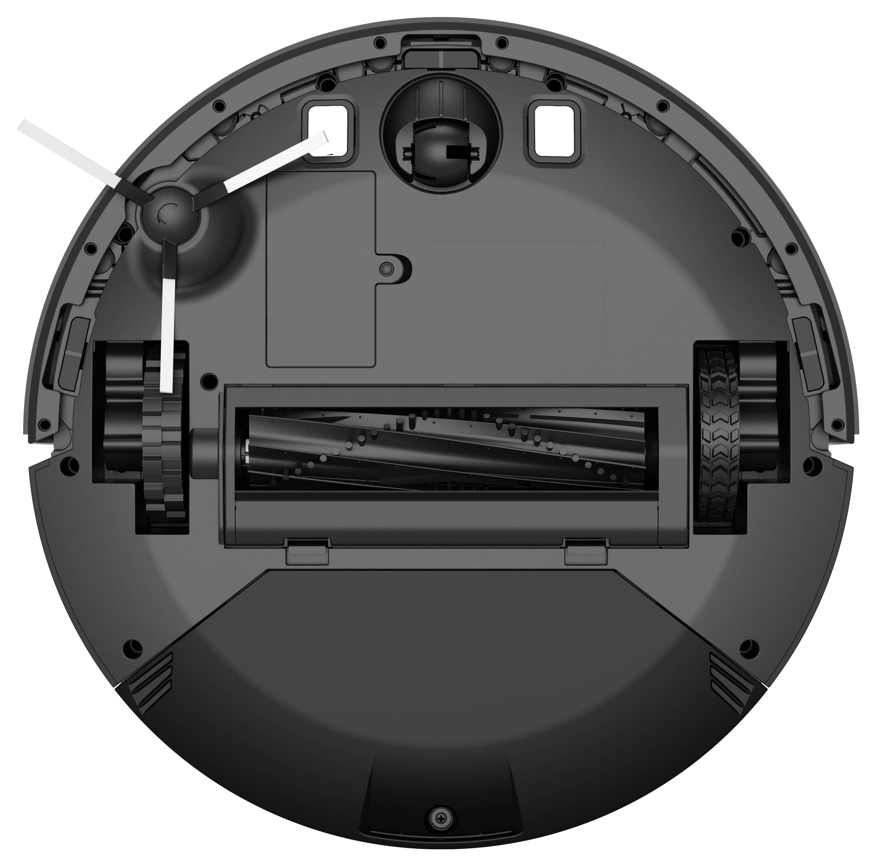View from below of a round robotic vacuum cleaner with brush and wheels visible. Device for automatic floor cleaning.