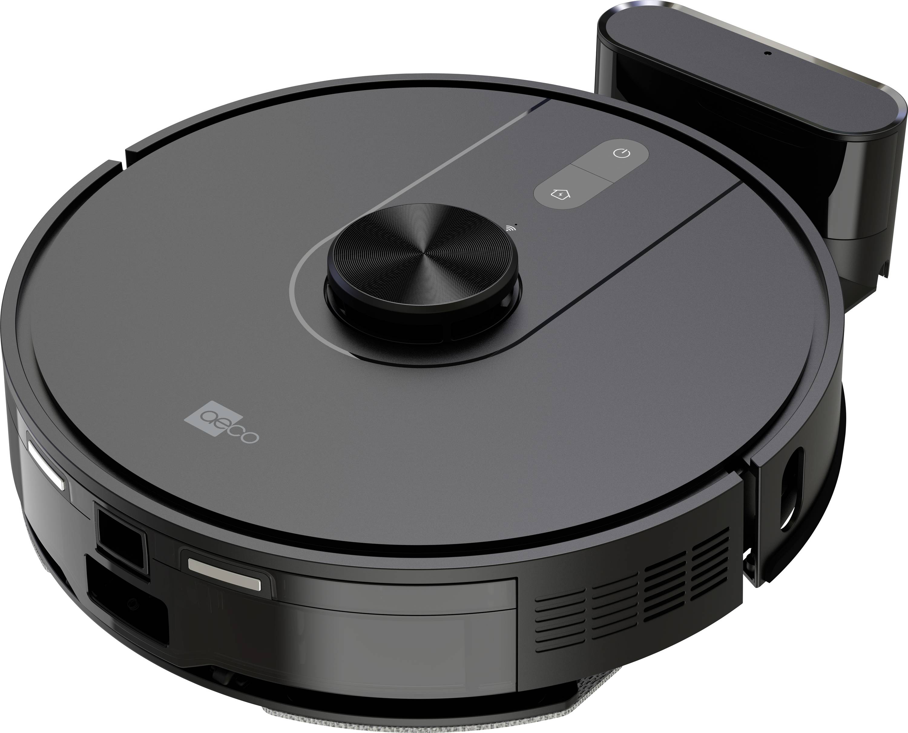 A round, black robot vacuum cleaner on a charging station, with buttons on top and sensors on the side.