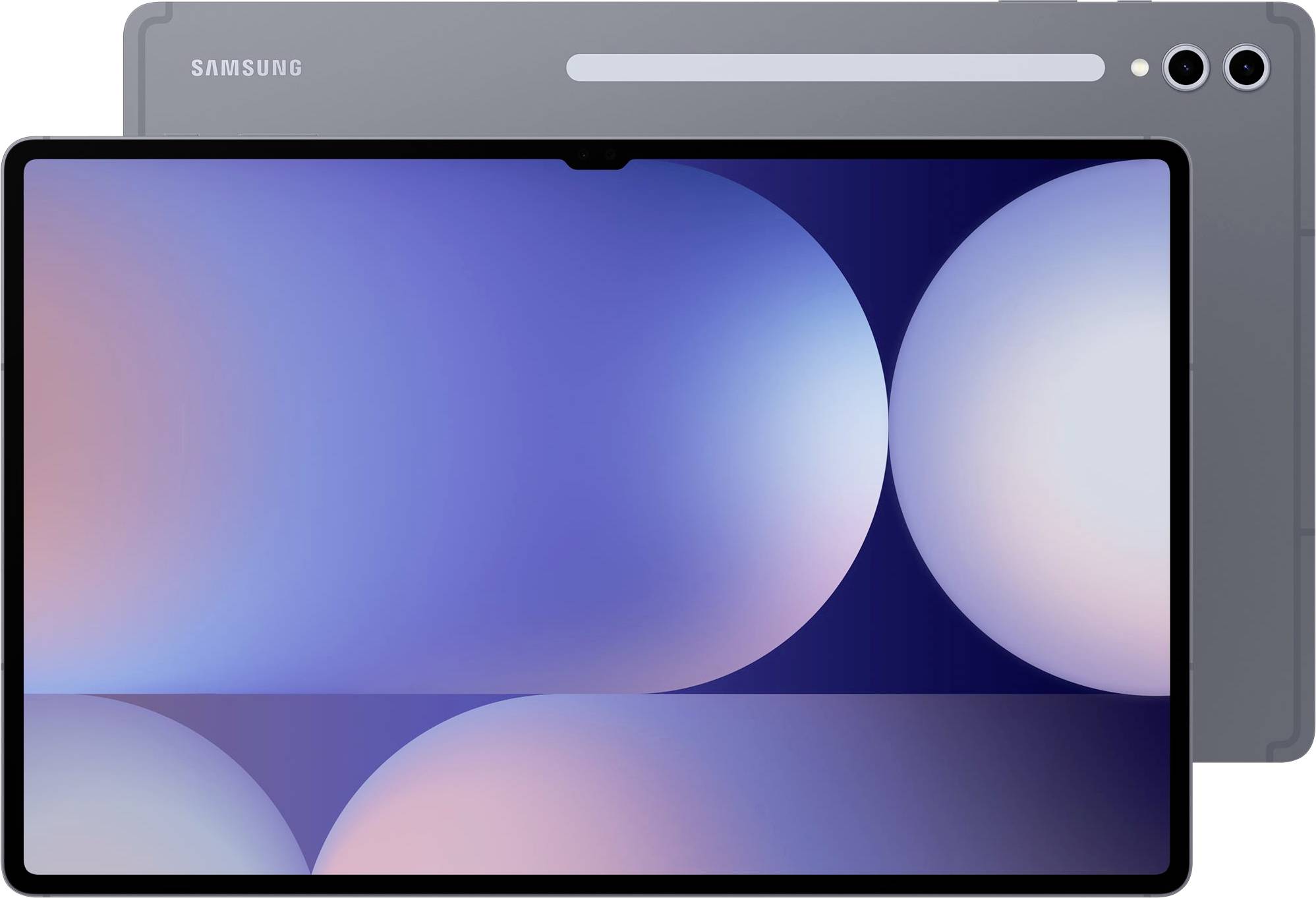 A grey Samsung tablet with a large screen, shown from front and back. The screen displays an abstract, colourful pattern.