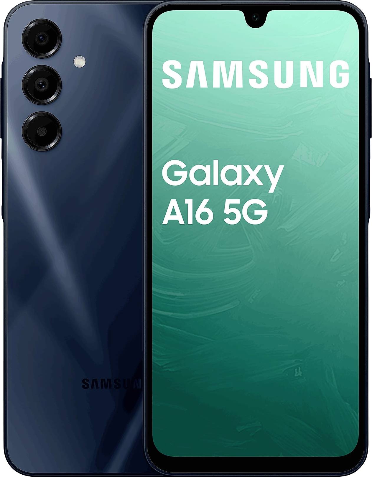 A Samsung Galaxy A16 5G smartphone in navy blue with three camera lenses on the back and 'Samsung Galaxy A16 5G' displayed on the screen.