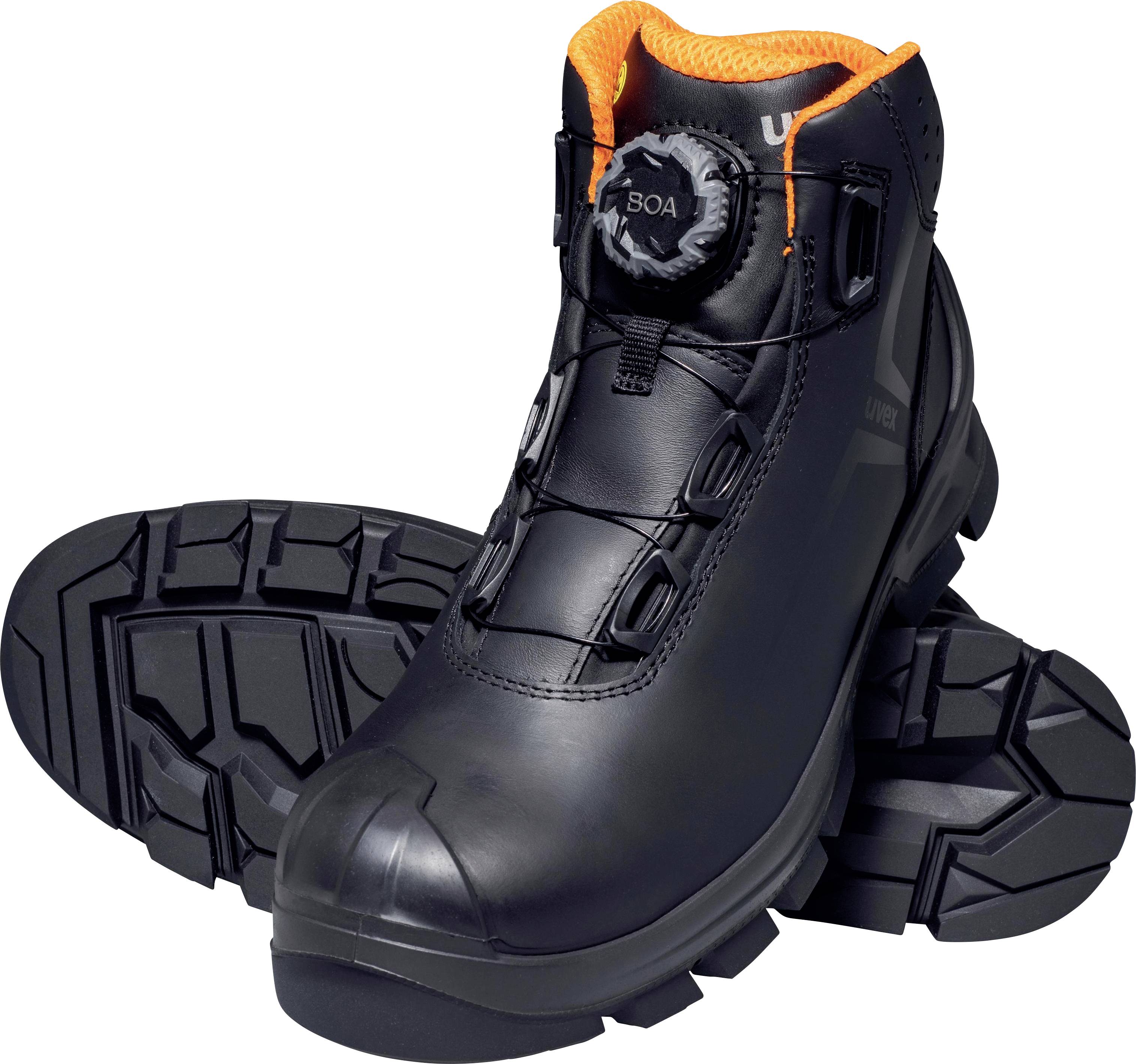 Black outdoor boots with orange interior padding, non-slip sole, and twist fastening. Suitable for rugged environments.