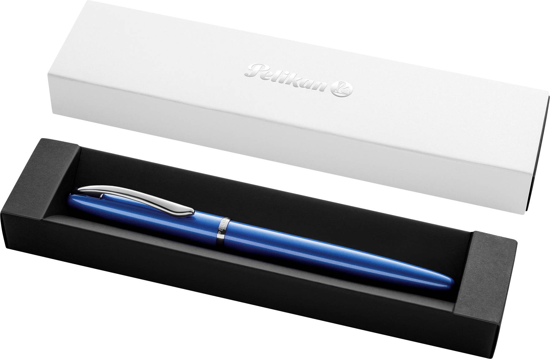A blue fountain pen in an open black box, nestled within a white cardboard packaging.