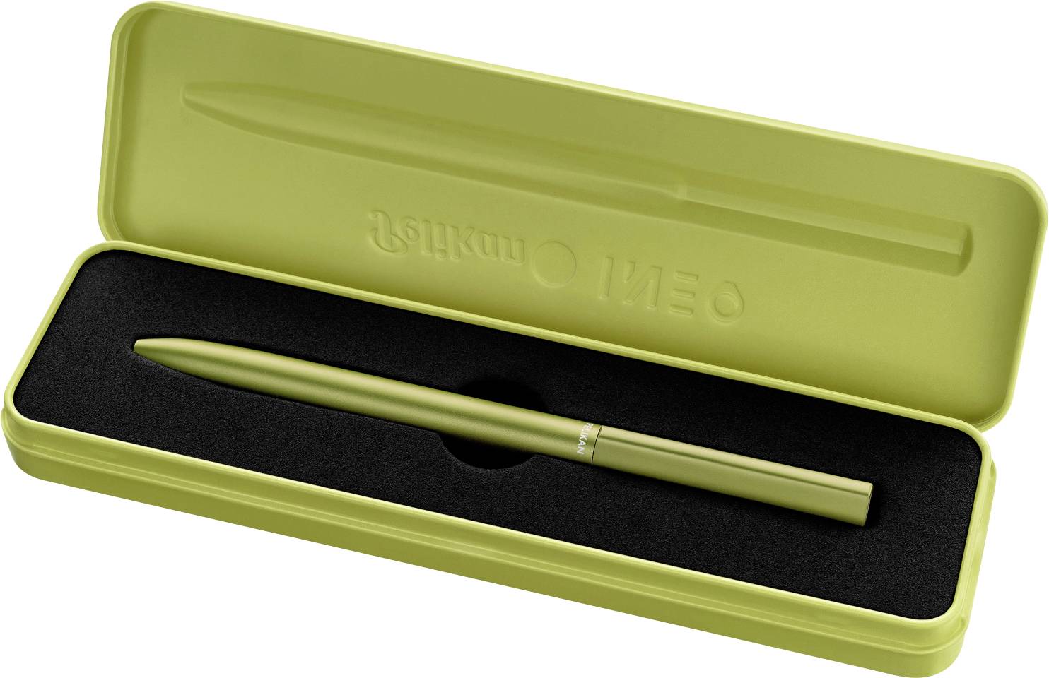 A green ballpoint pen lies in a matching metal box with a black velvet inlay. The box is open and displays the pen.