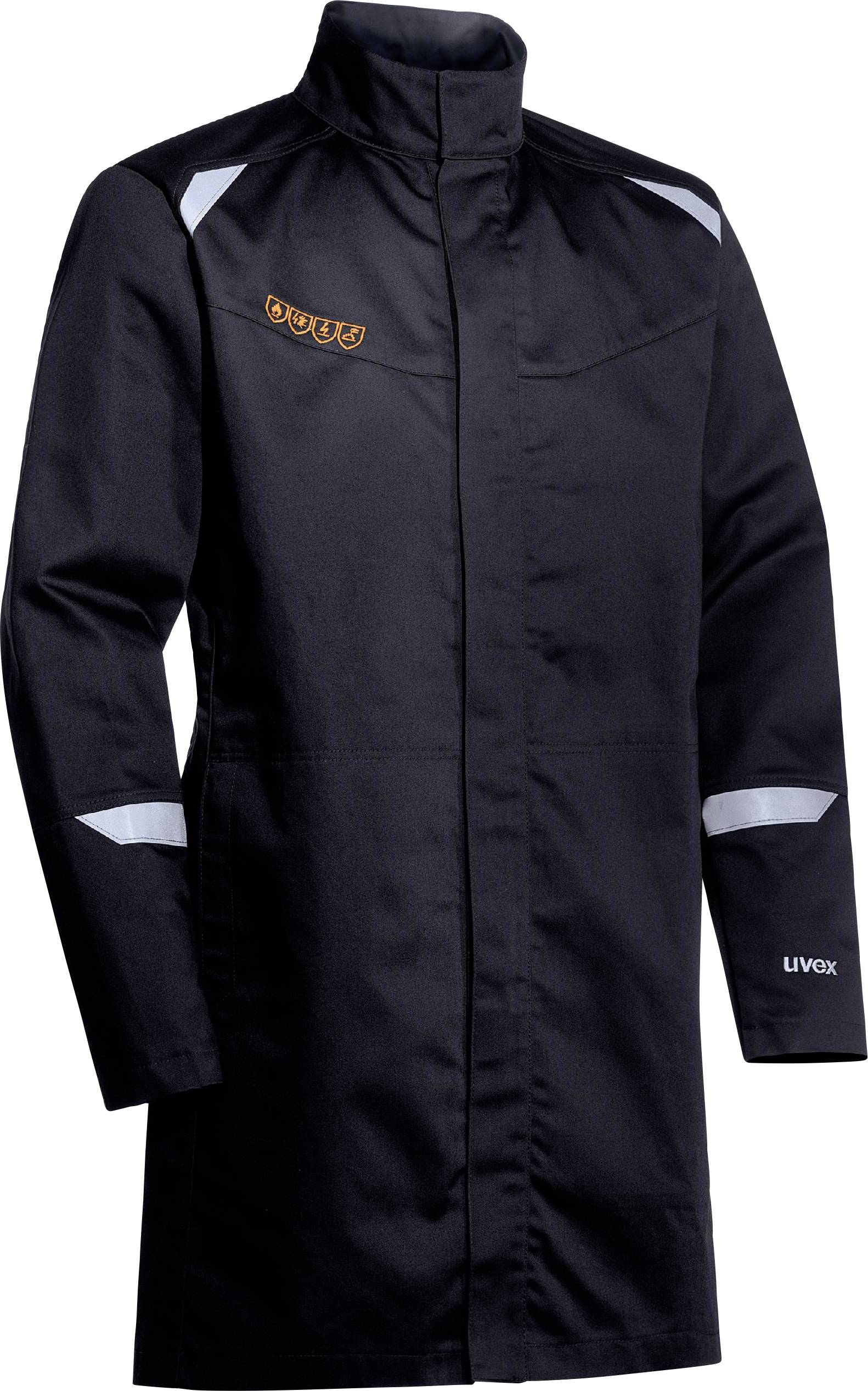 Long black work coat with a high collar and silver accents, with an orange logo on the left side of the chest.