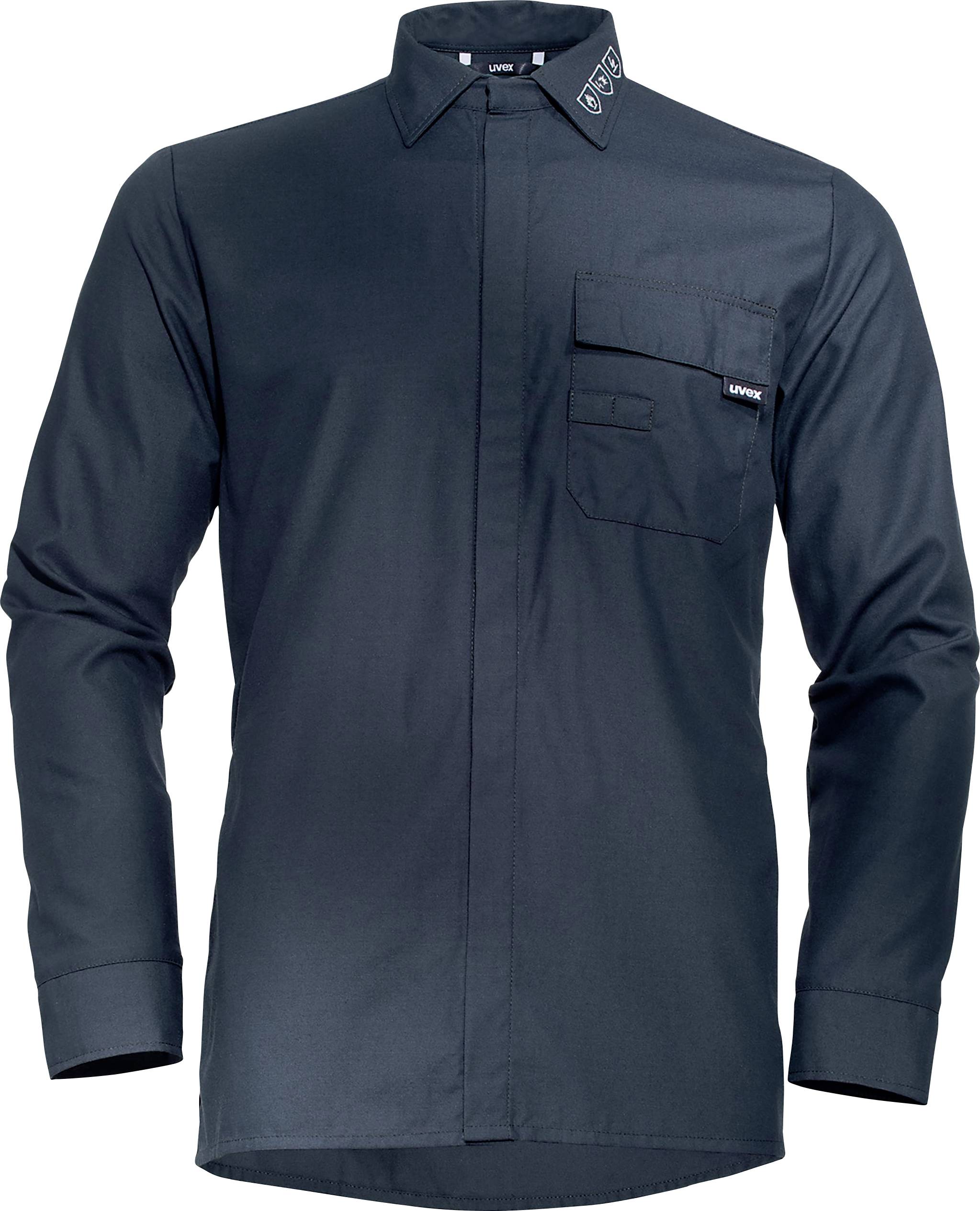 Dark blue long-sleeved shirt with a collar and chest pocket, simple design.
